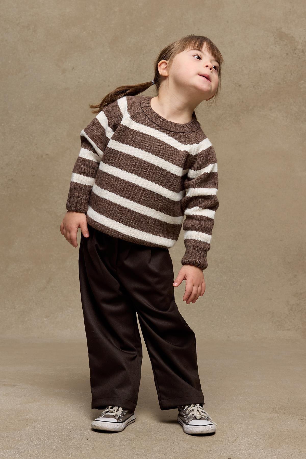 Çizgili Triko Kazak Kahverengi