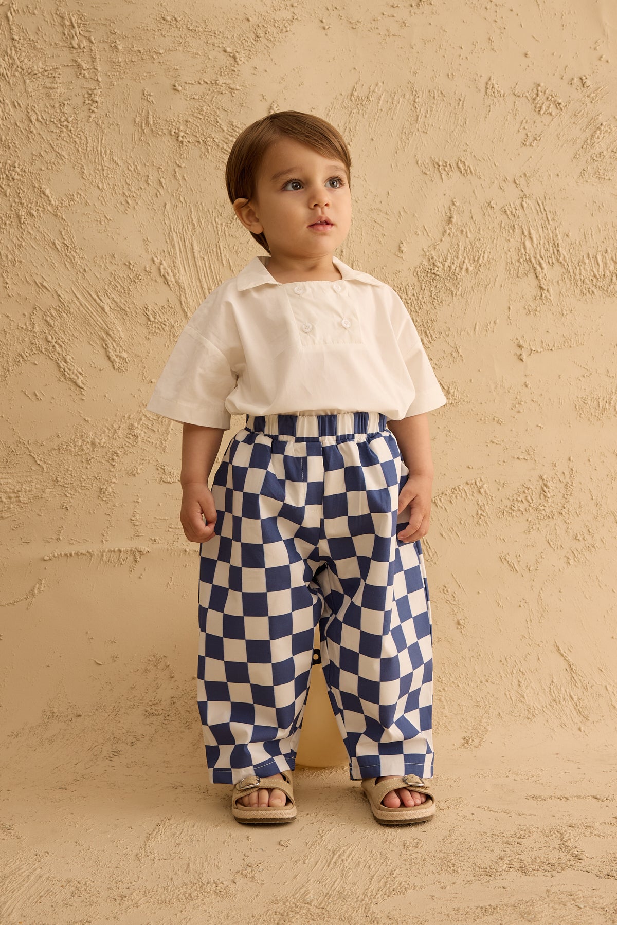 Checkerboard Pattern Baggy Trousers Navy Blue