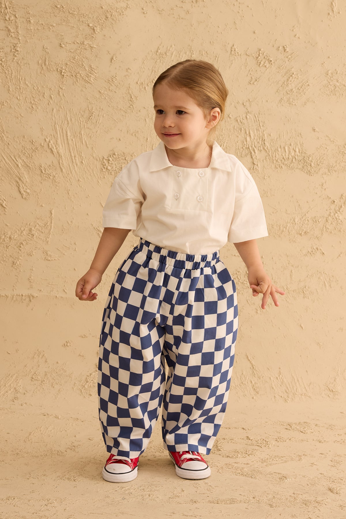 Checkerboard Pattern Baggy Trousers Navy Blue