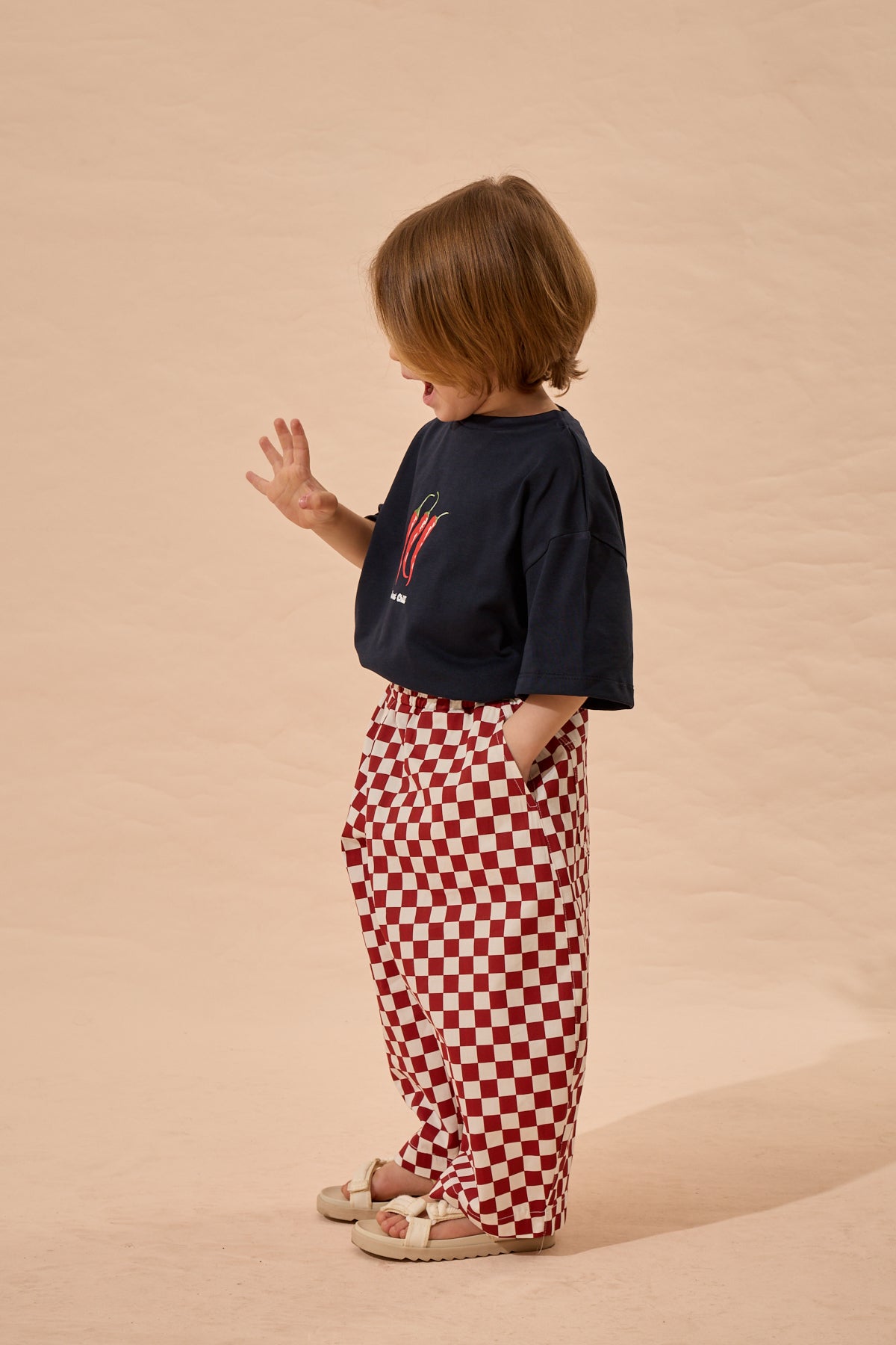 Damalı Barrel Pantolon Kırmızı