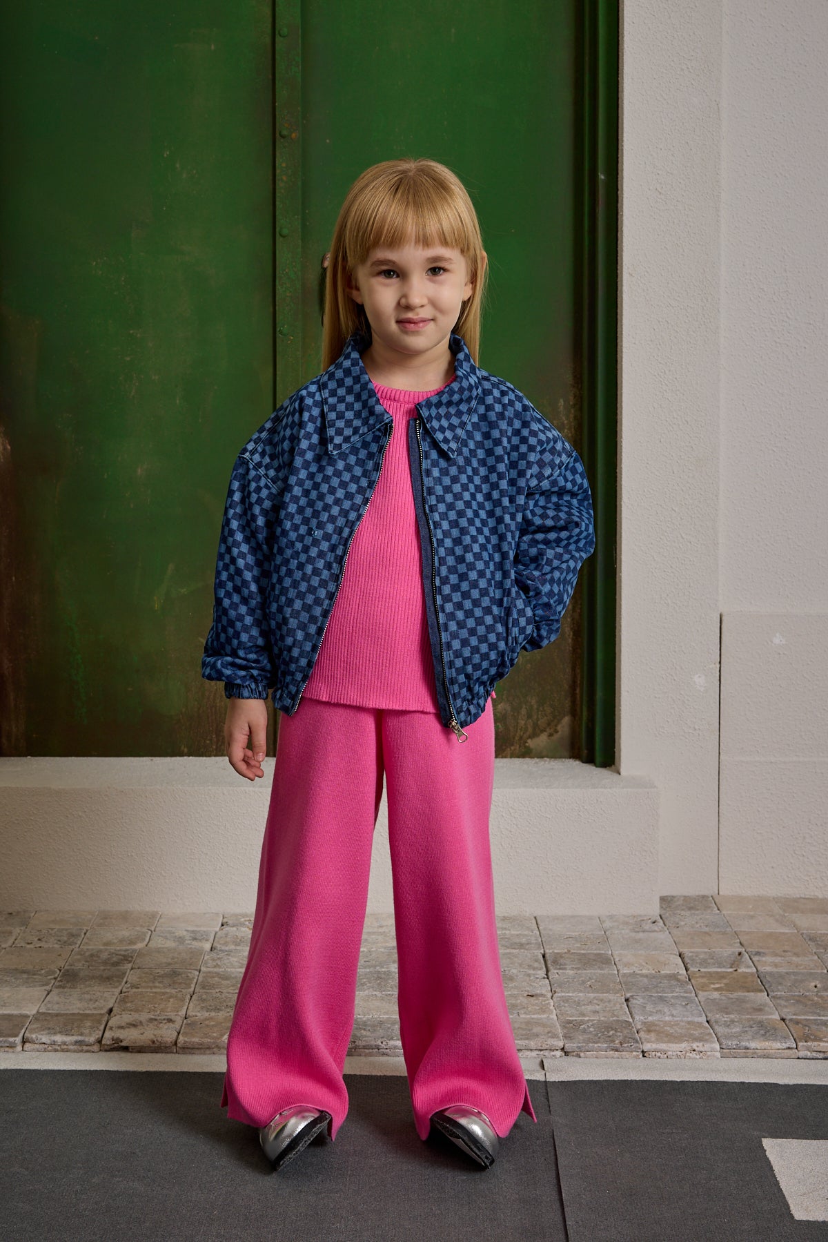 Damalı Bomber Denim Ceket Koyu Mavi