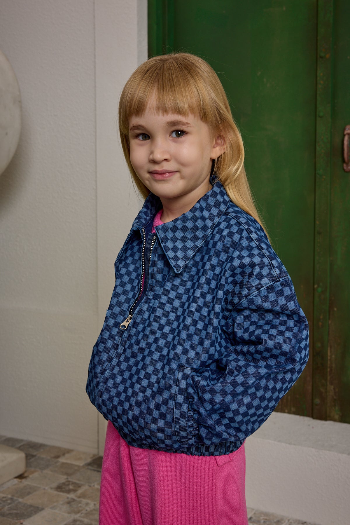 Damalı Bomber Denim Ceket Koyu Mavi