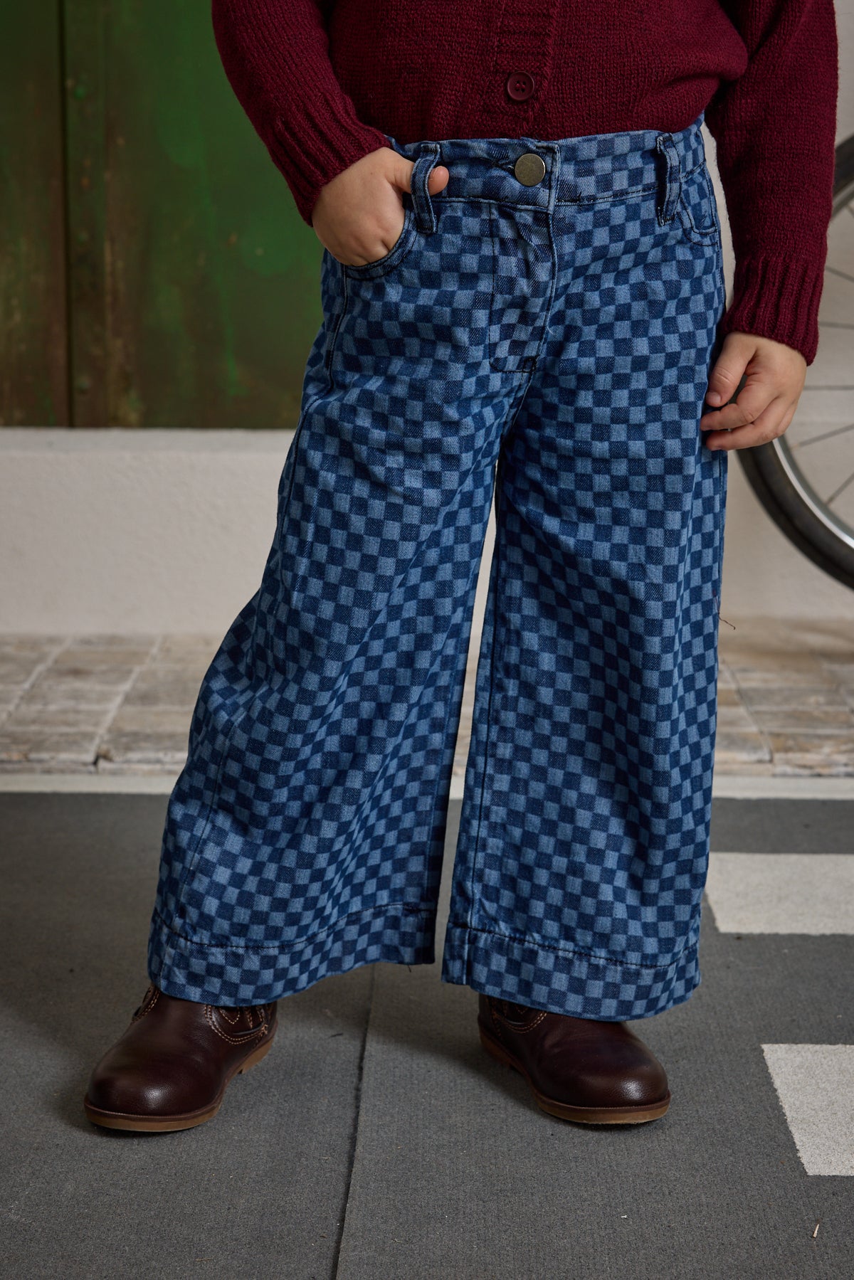 Damalı Denim Pantolon Koyu Mavi