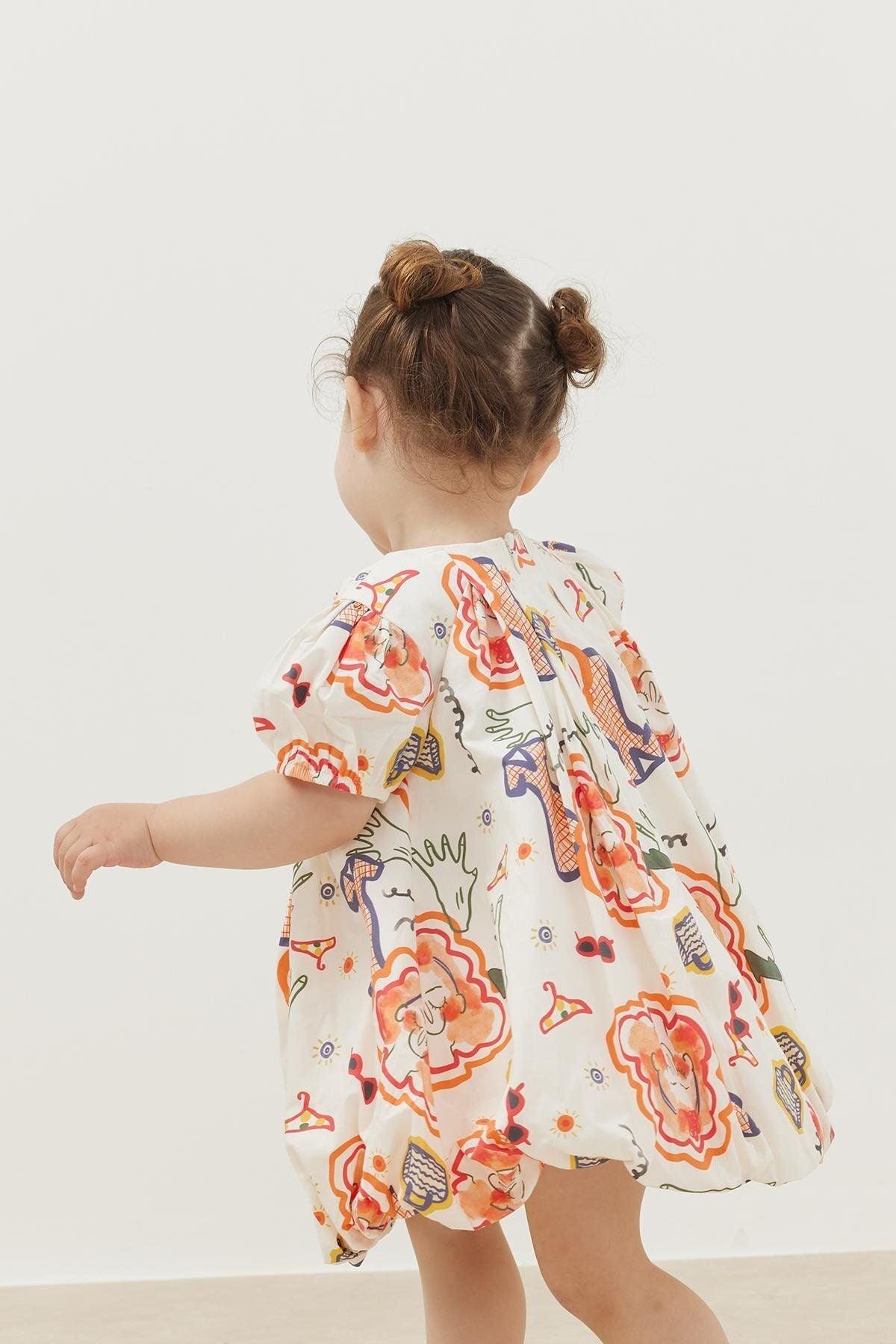 Desenli Balon Elbise Ekru