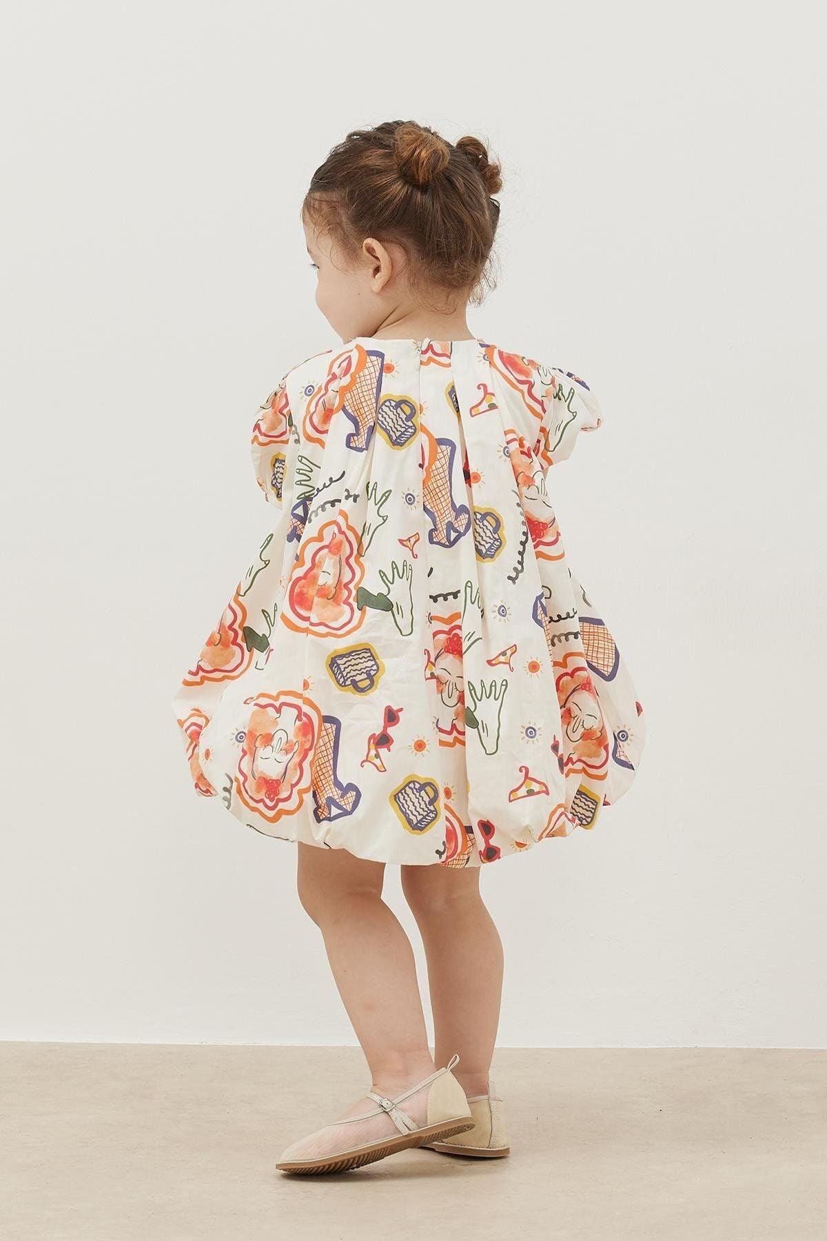 Desenli Balon Elbise Ekru