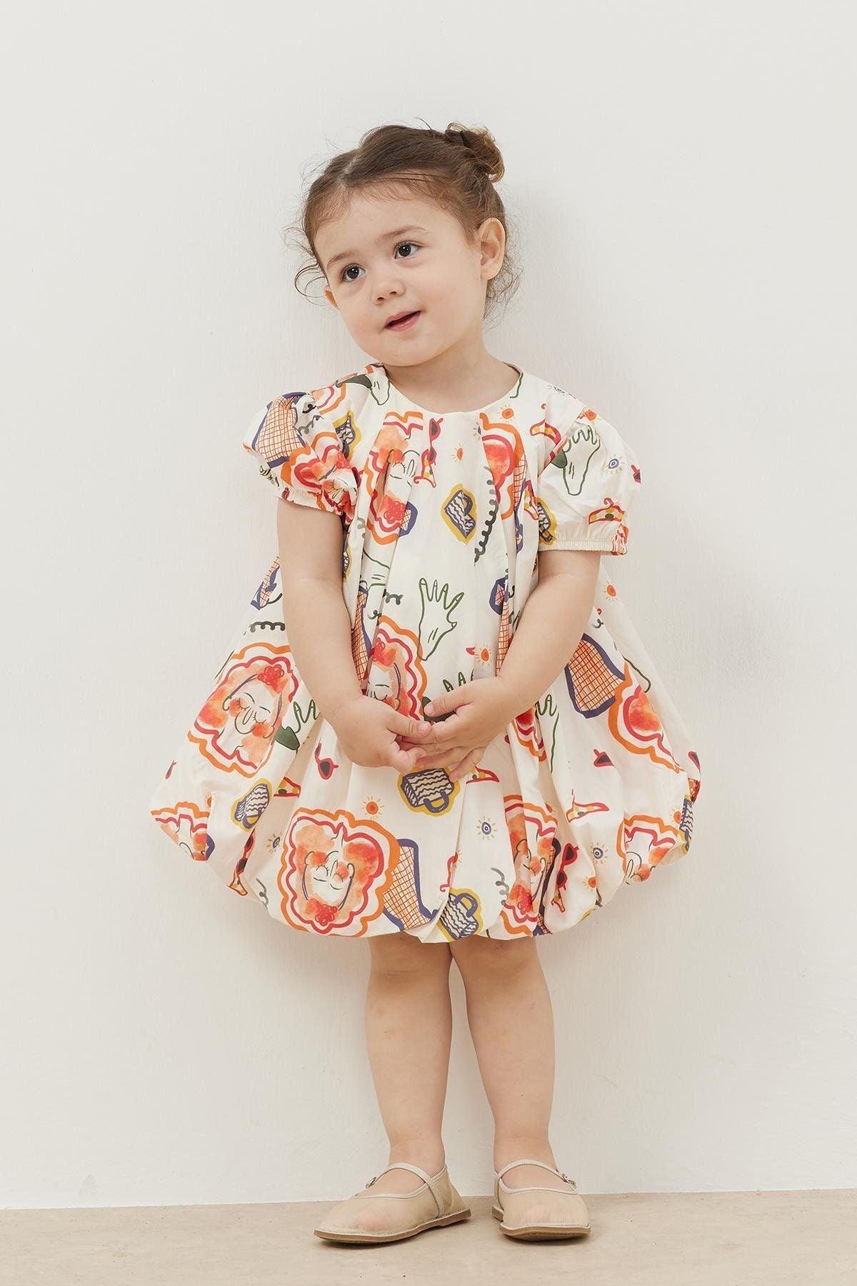 Desenli Balon Elbise Ekru