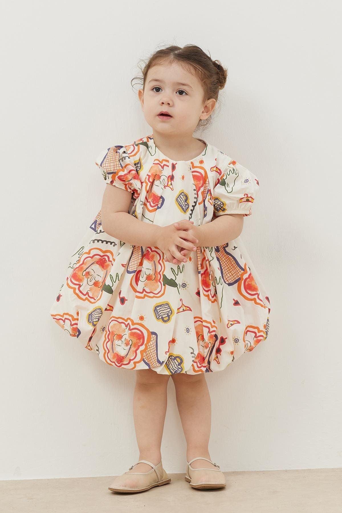 Desenli Balon Elbise Ekru