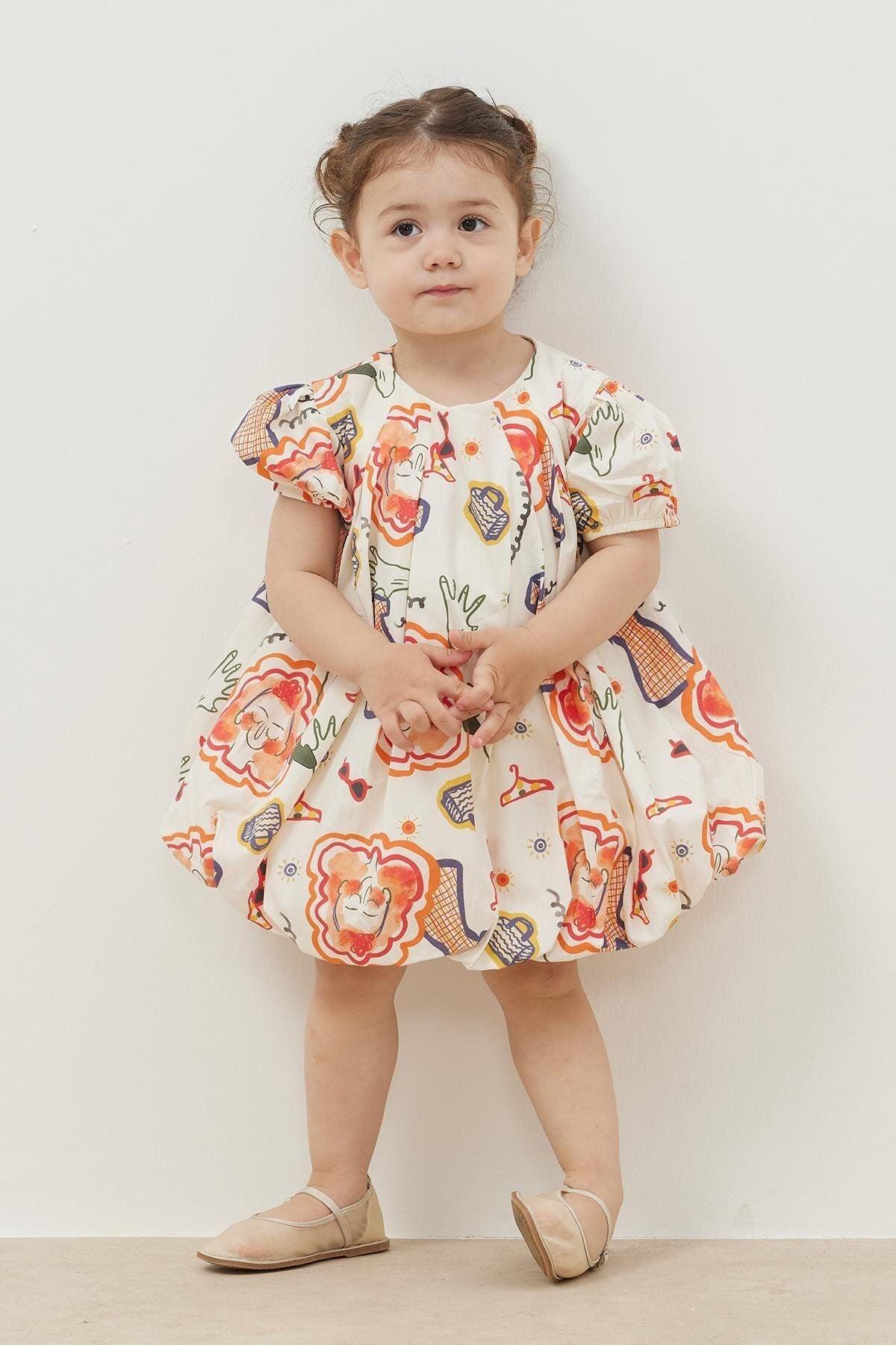 Desenli Balon Elbise Ekru