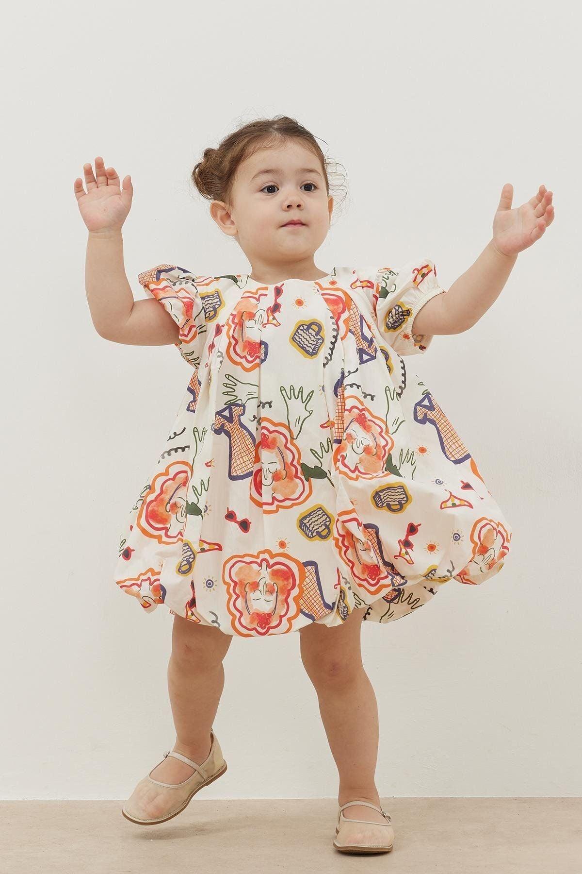 Desenli Balon Elbise Ekru