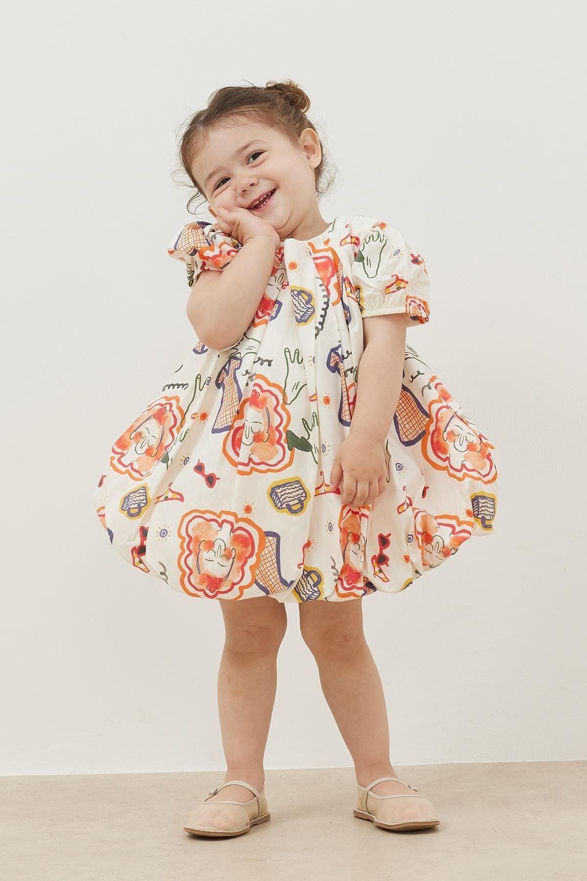 Desenli Balon Elbise Ekru