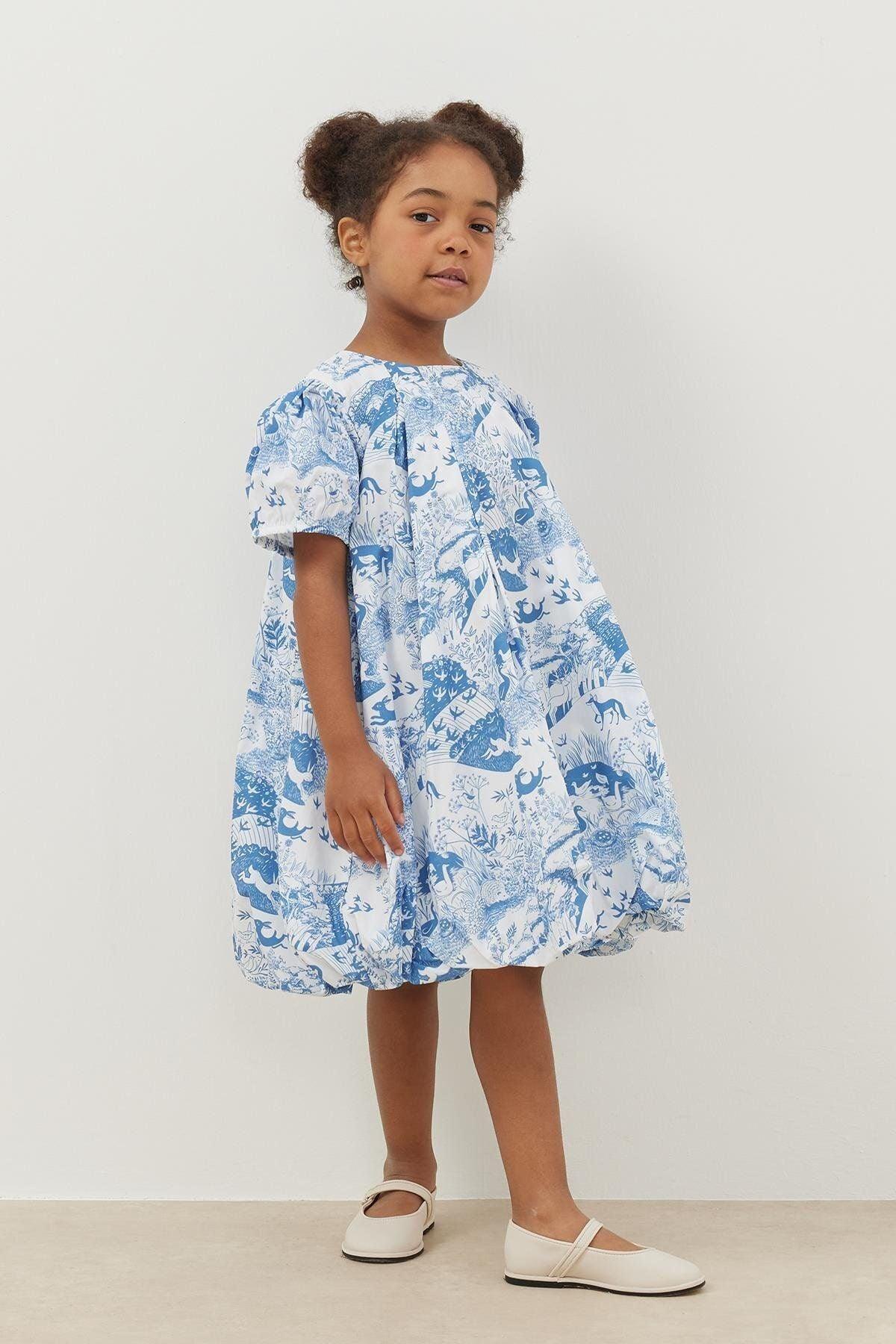 Desenli Balon Elbise Mavi