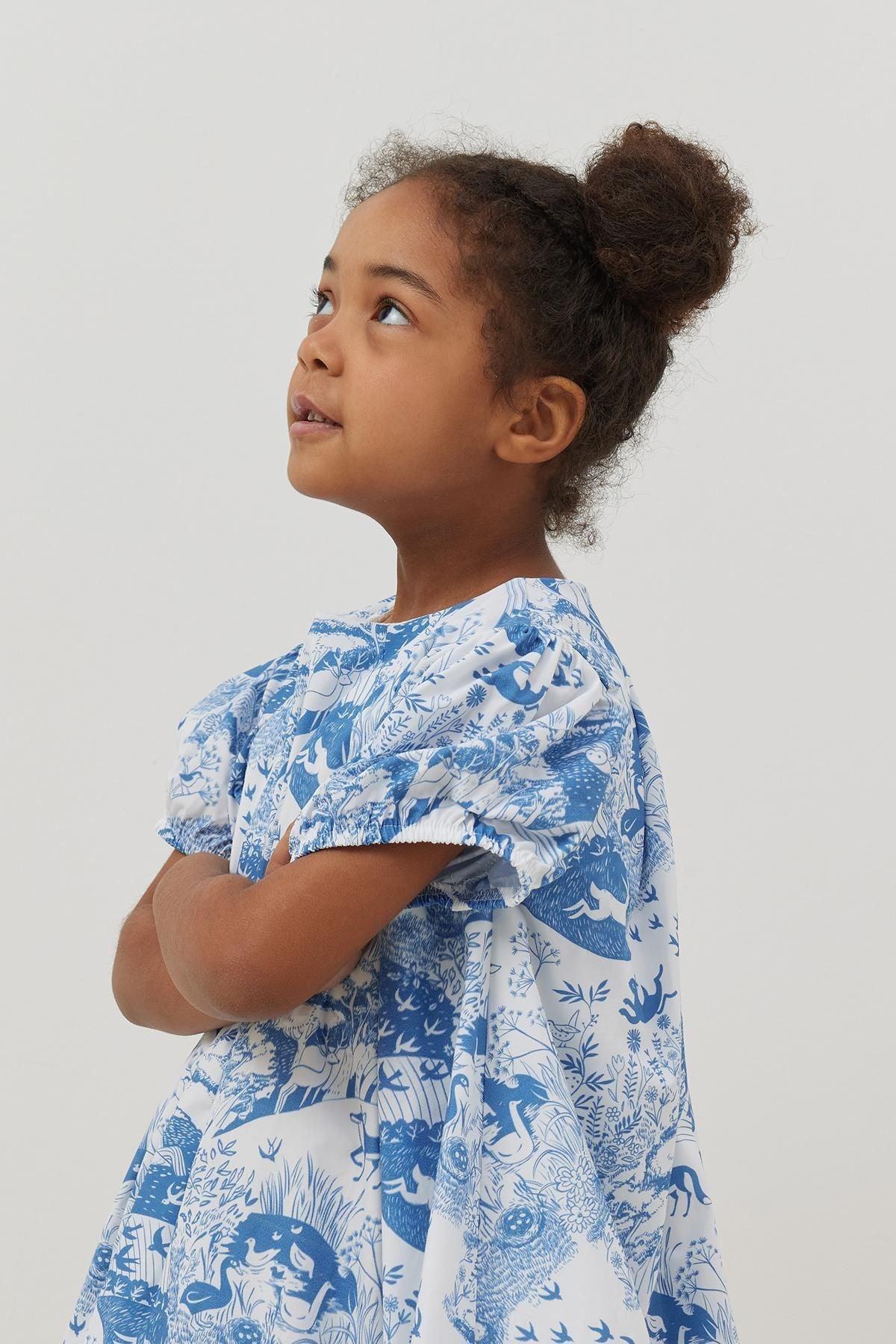 Desenli Balon Elbise Mavi