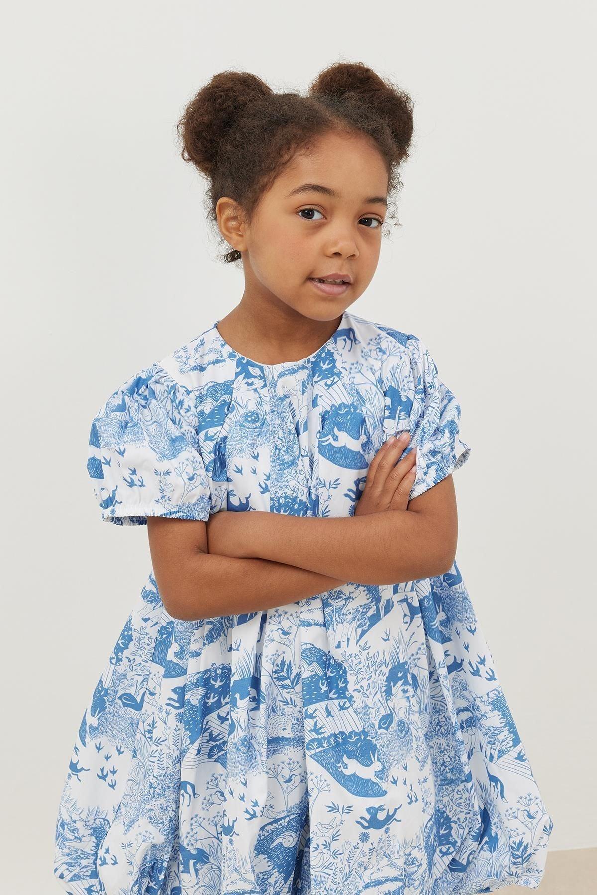 Desenli Balon Elbise Mavi