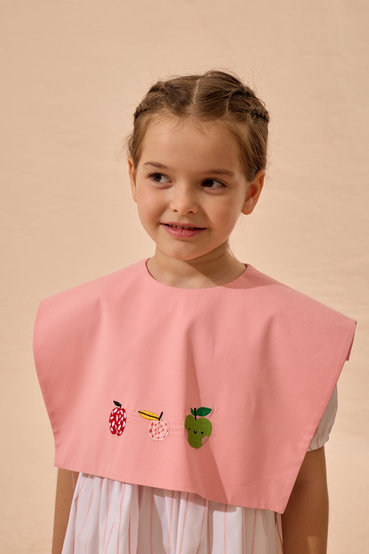 Elma Nakışlı Çizgili Elbise Pembe