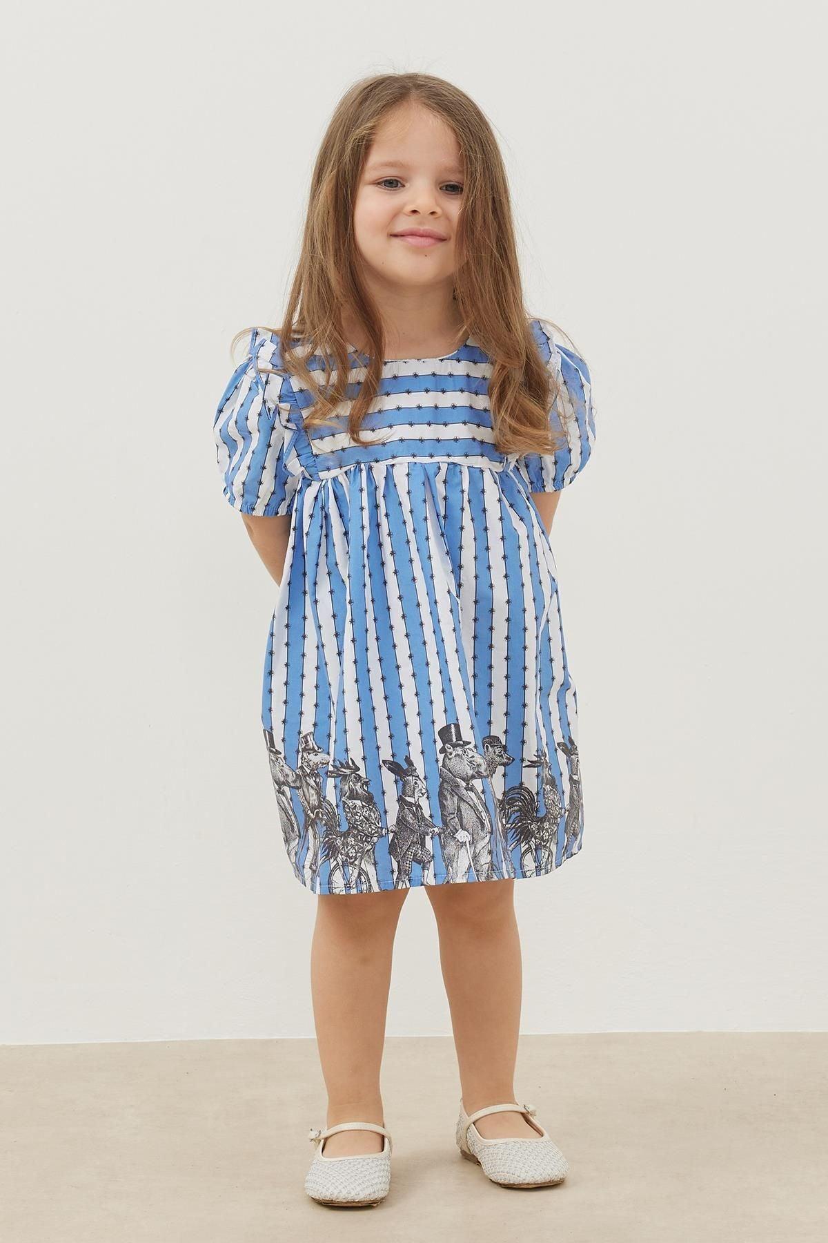 Blue Striped Dress with Ruffle Detail