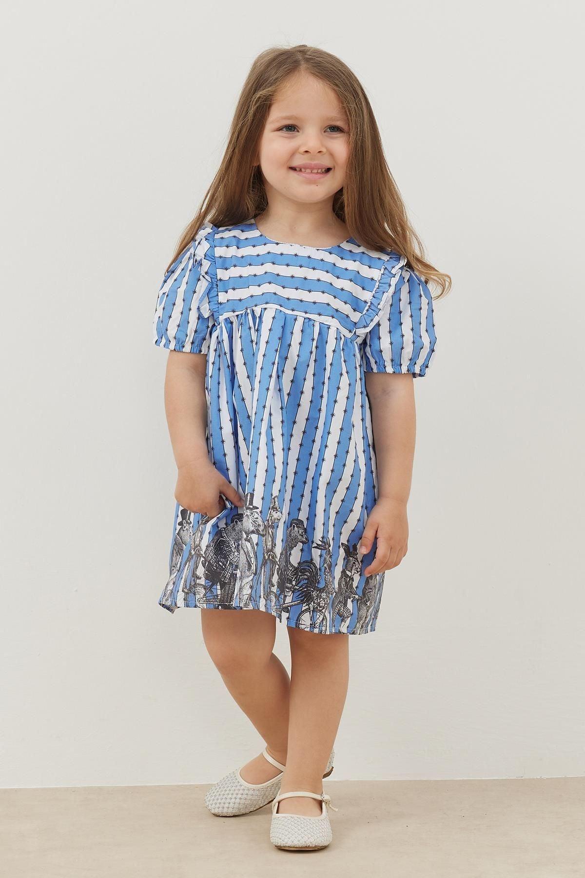 Fırfır Detaylı Elbise Mavi Çizgili