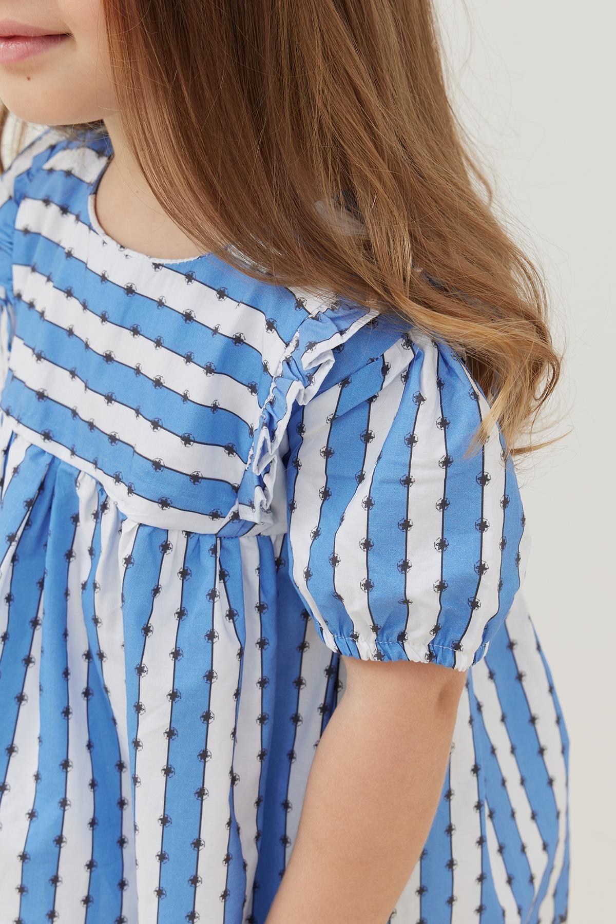 Fırfır Detaylı Elbise Mavi Çizgili