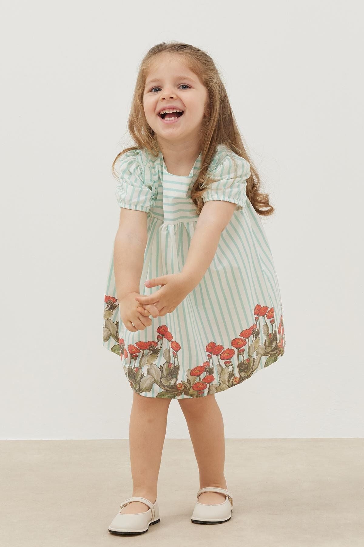 Fırfır Detaylı Elbise Mint Çizgili