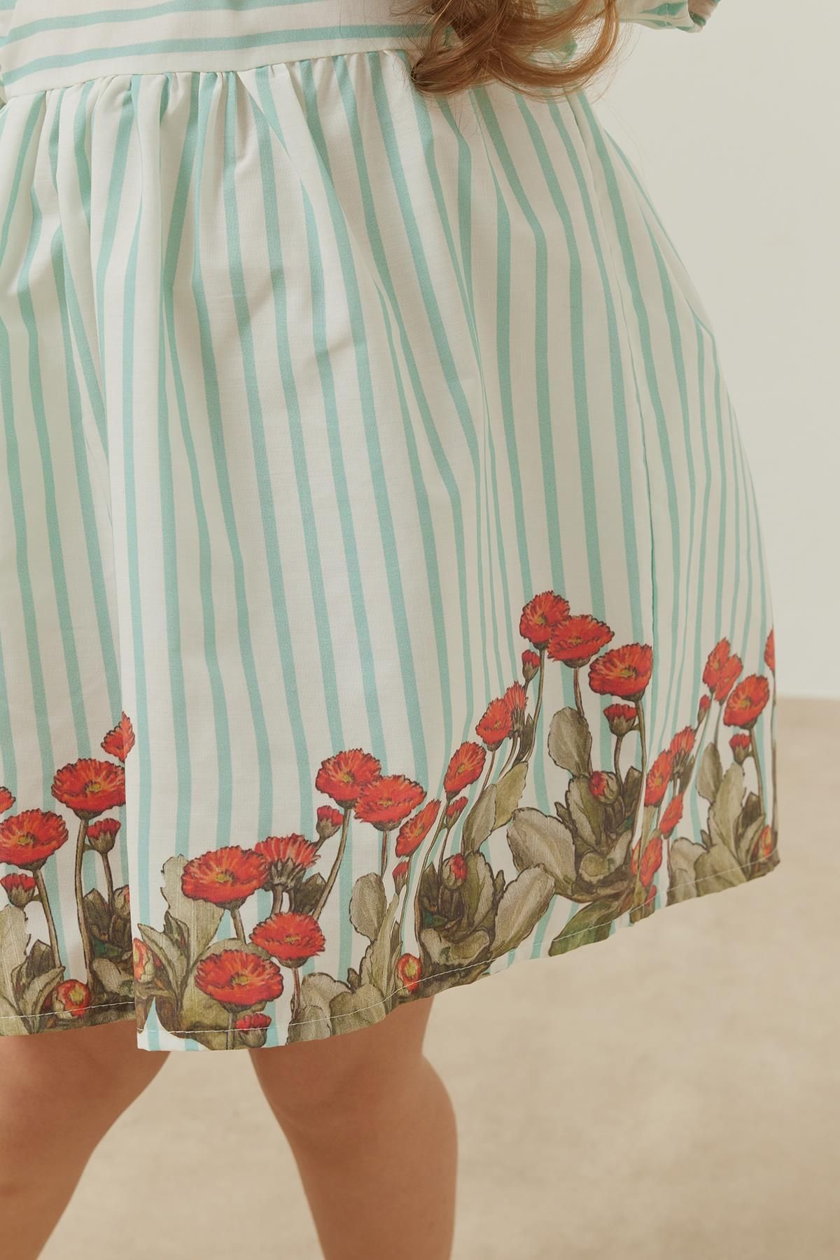 Fırfır Detaylı Elbise Mint Çizgili