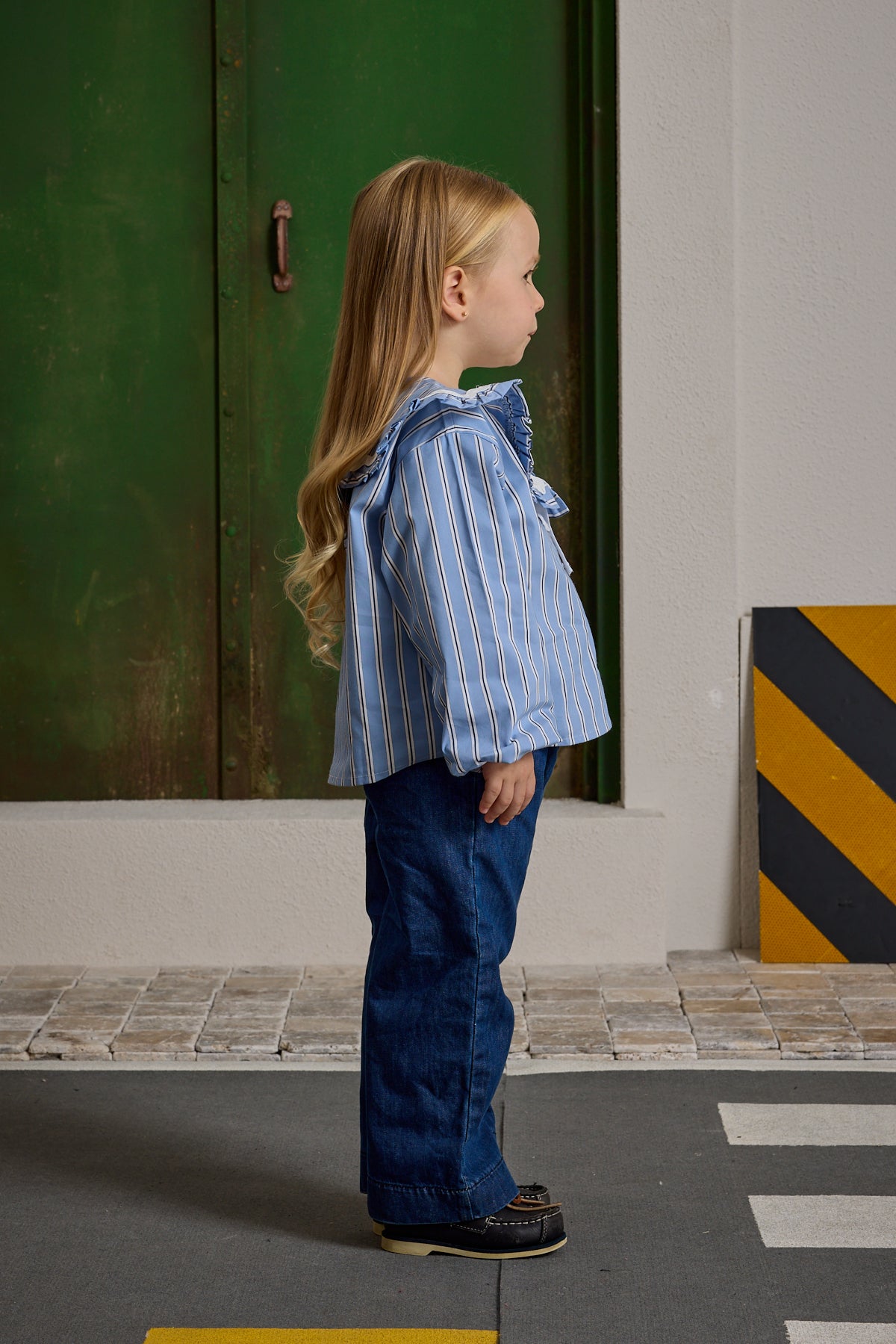 Geniş Yakalı Çizgili Gömlek Mavi