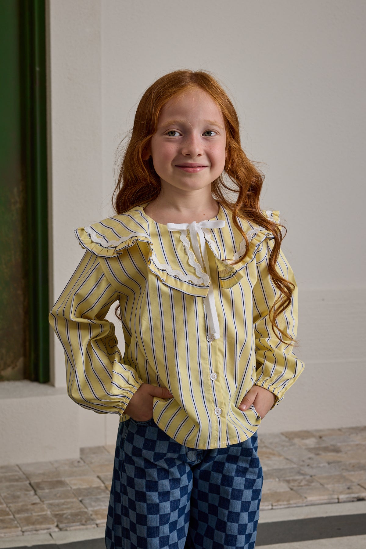 Geniş Yakalı Çizgili Gömlek Sarı