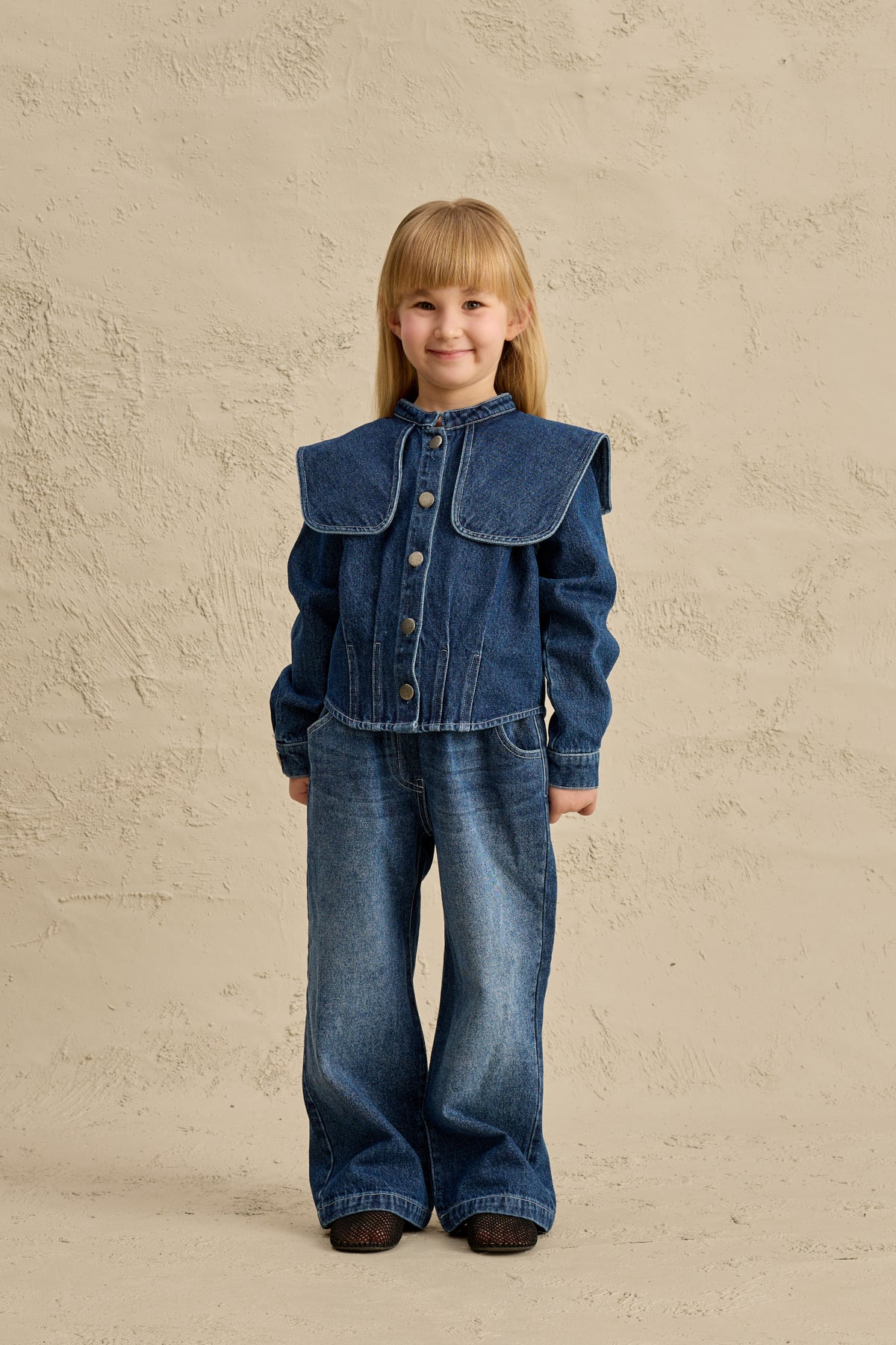 Geniş Yakalı Denim Takım Lacivert