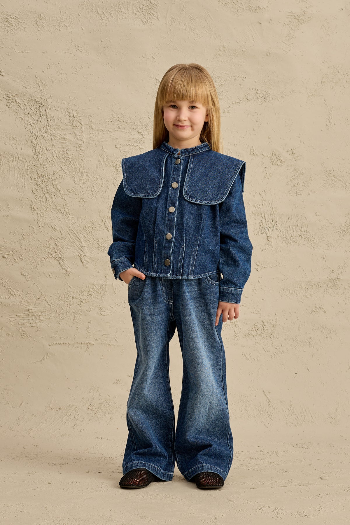 Geniş Yakalı Denim Takım Lacivert