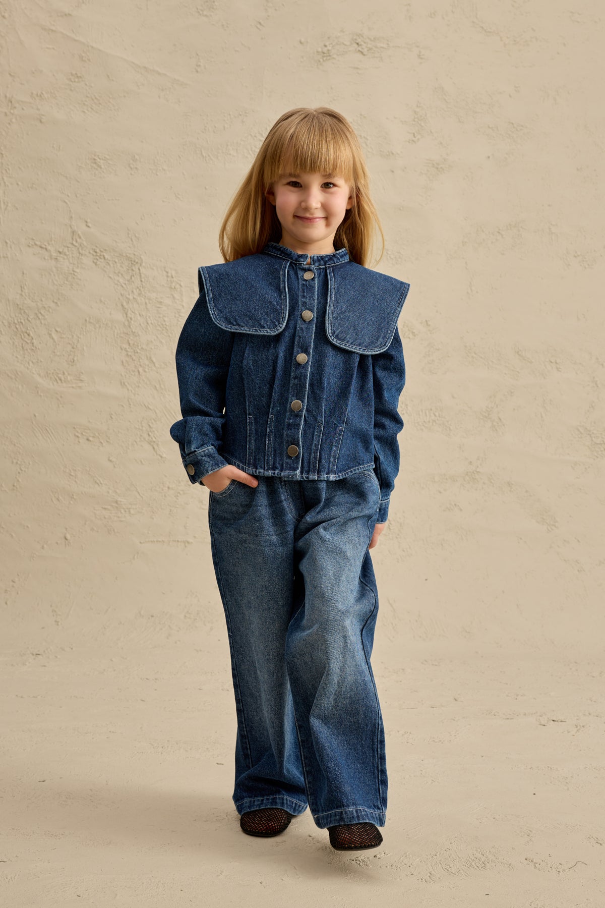 Geniş Yakalı Denim Takım Lacivert