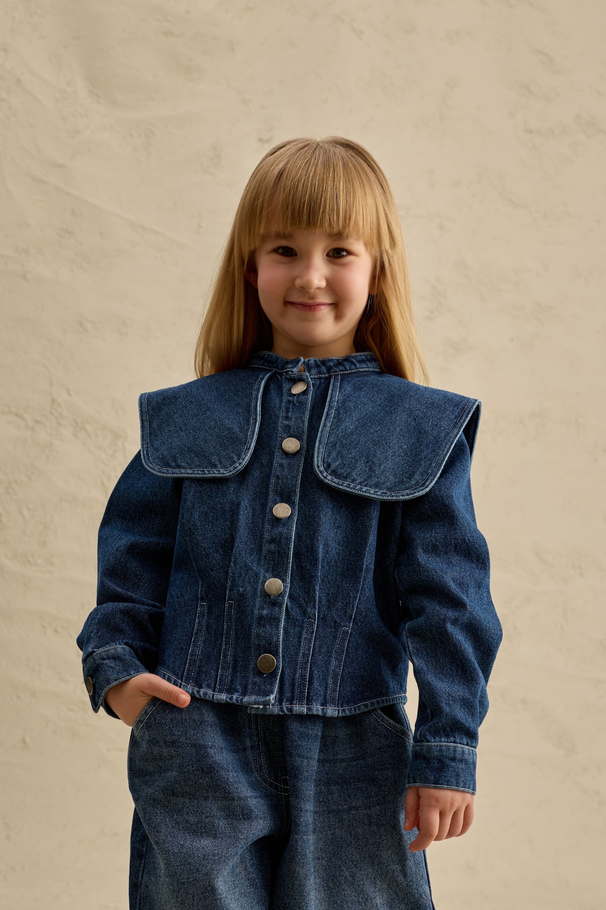 Geniş Yakalı Denim Takım Lacivert