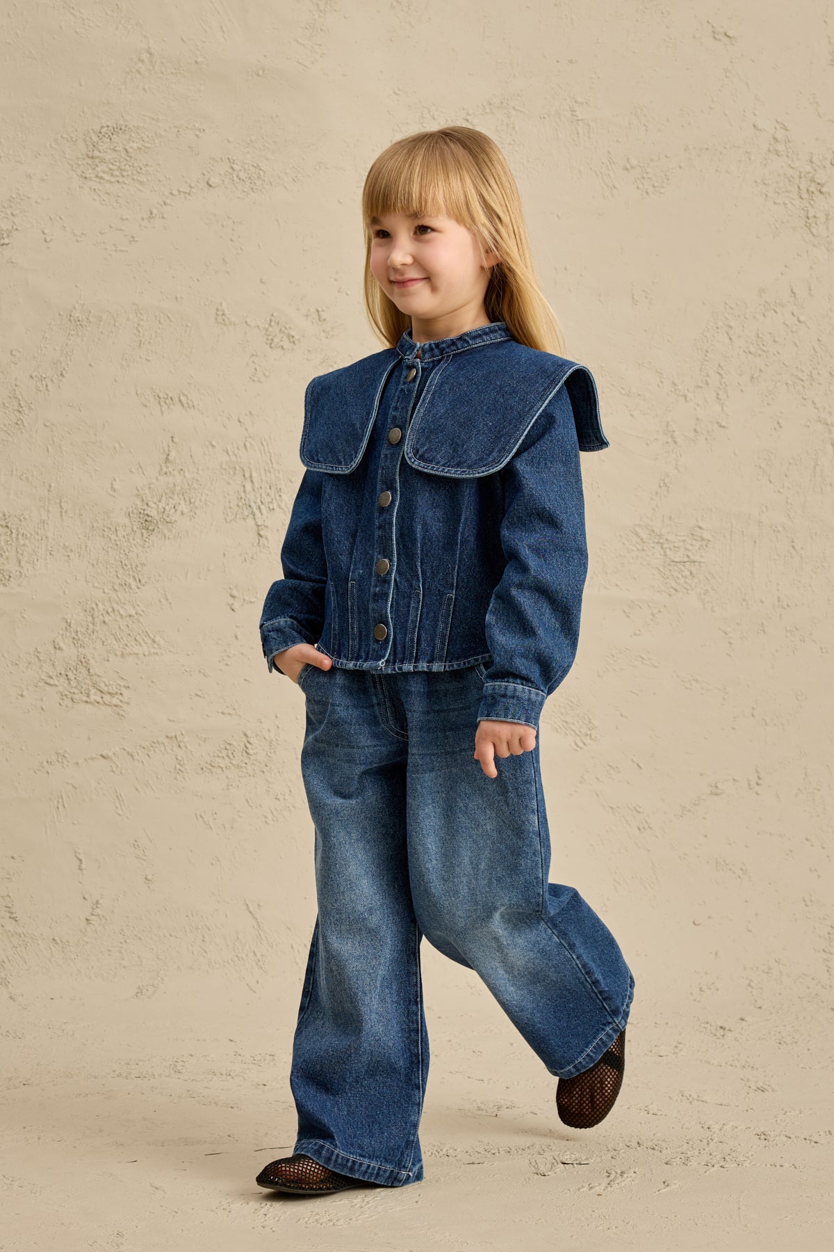 Geniş Yakalı Denim Takım Lacivert