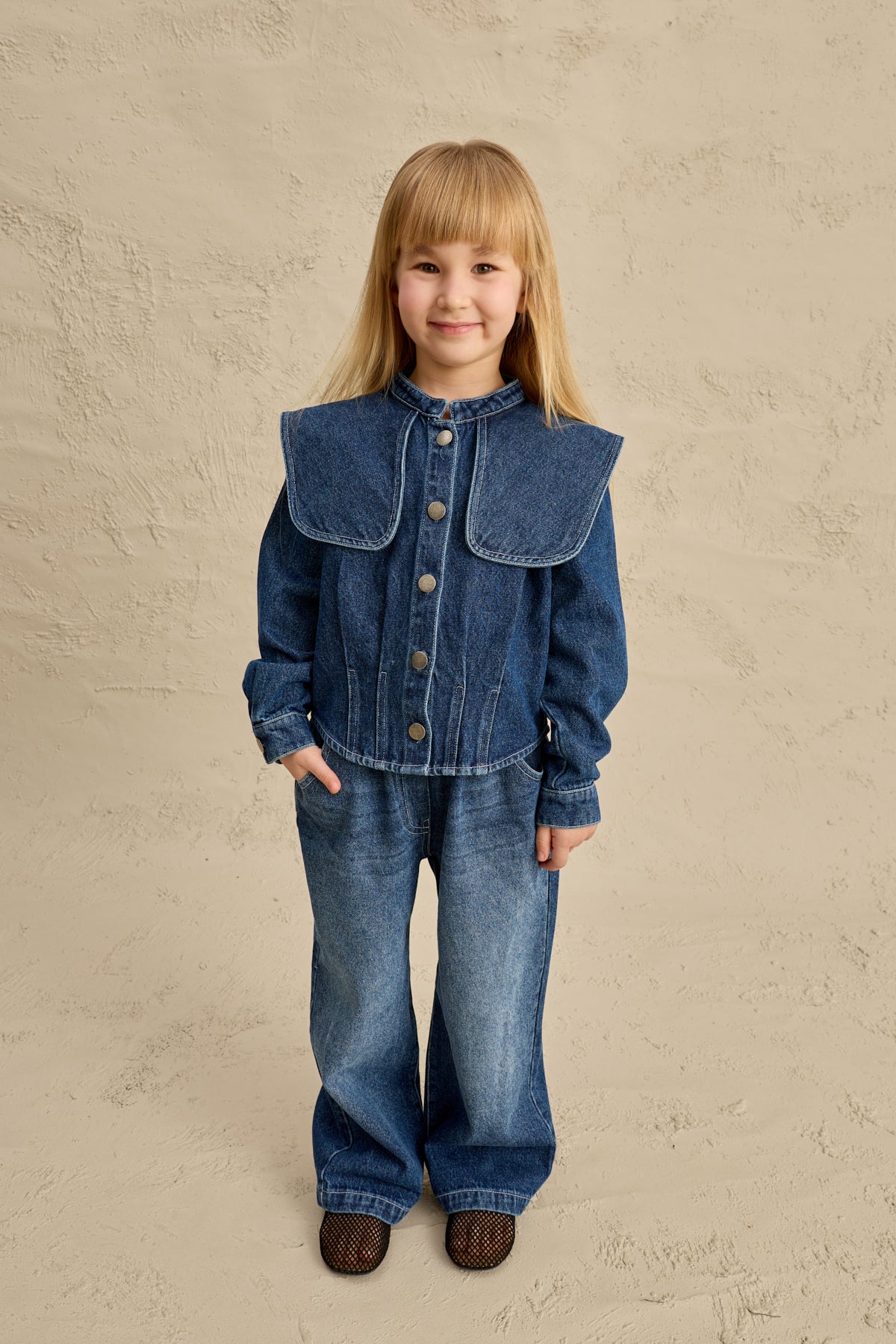 Geniş Yakalı Denim Takım Lacivert