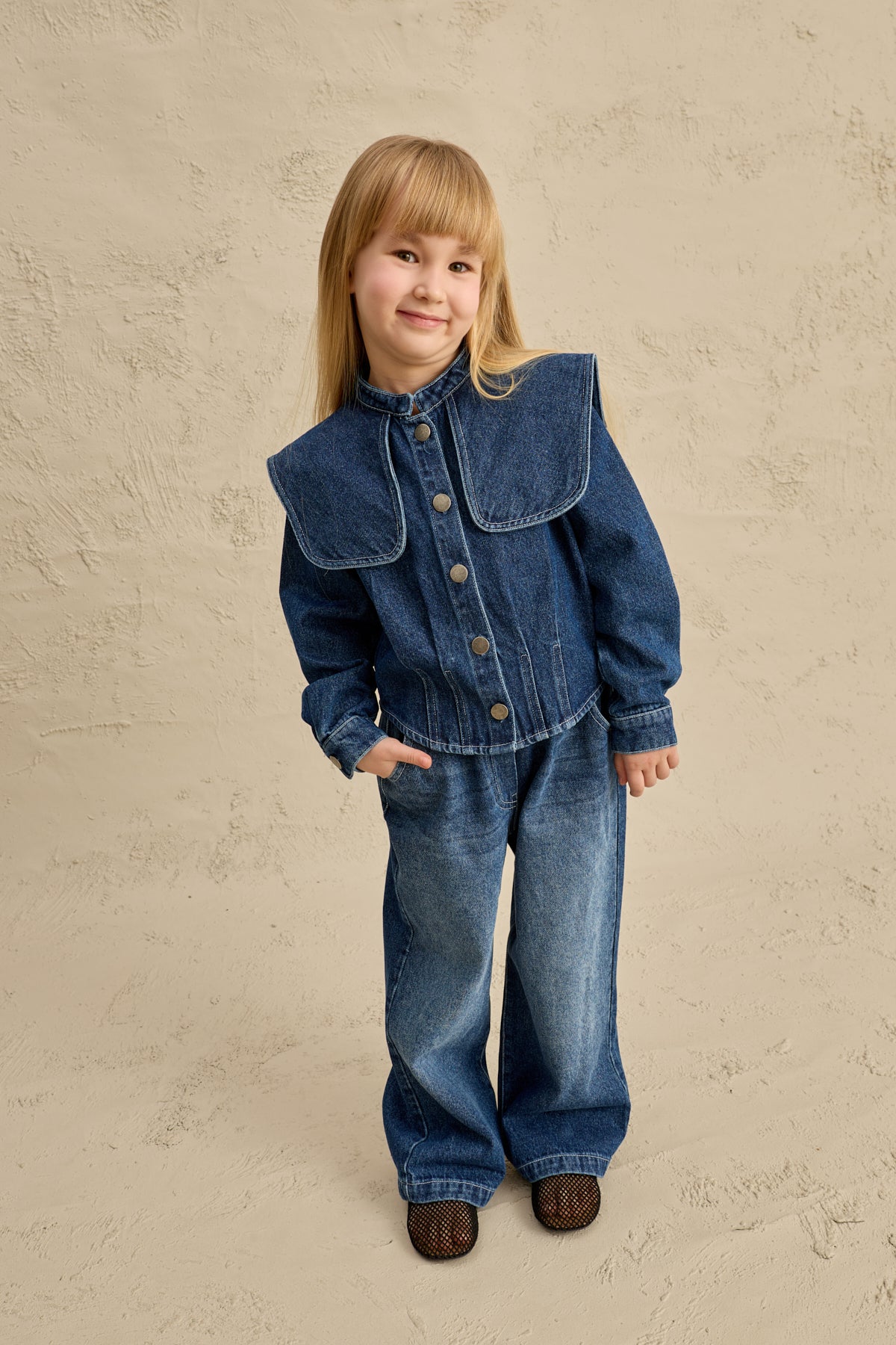 Geniş Yakalı Denim Takım Lacivert