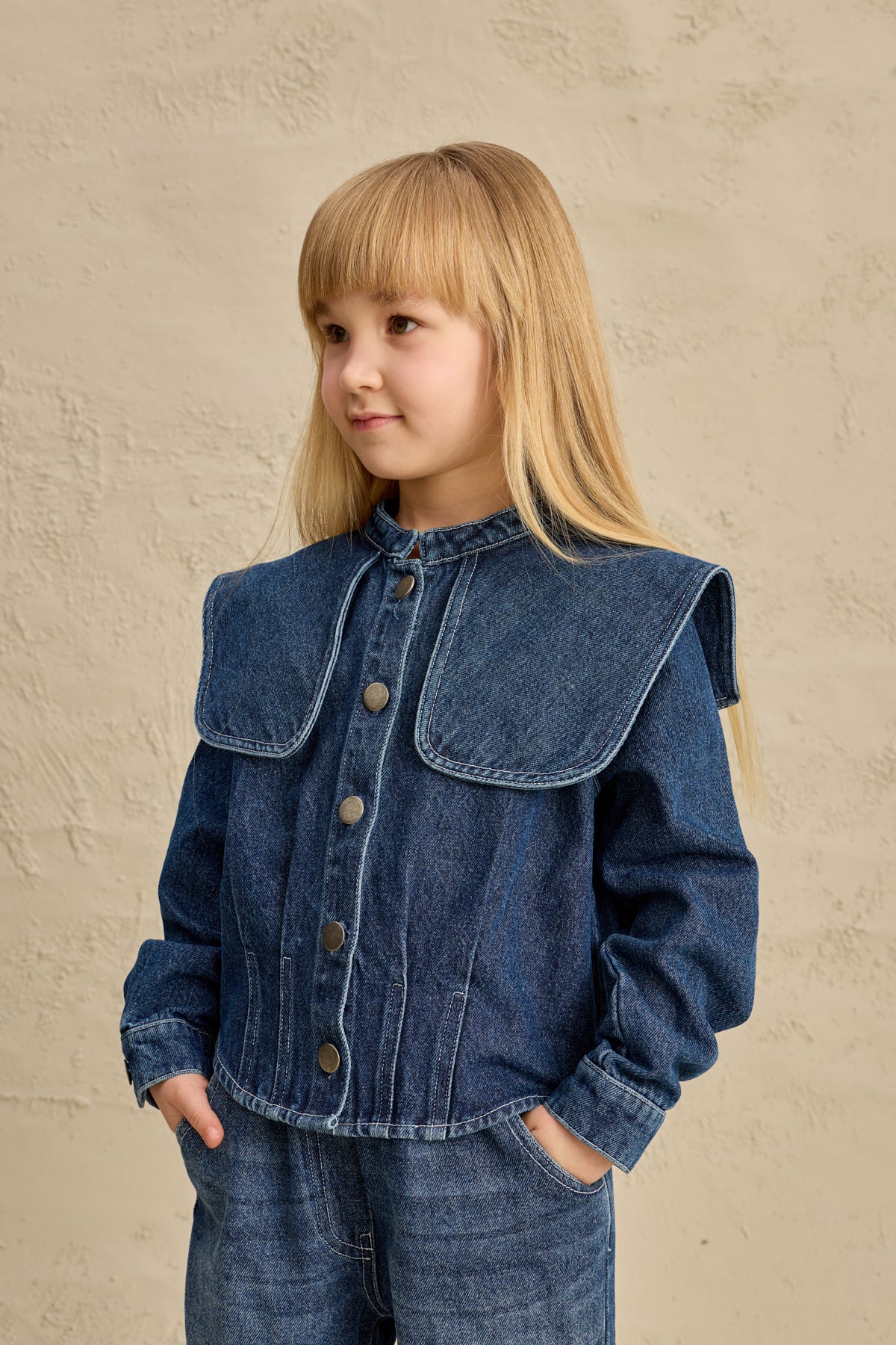 Geniş Yakalı Denim Takım Lacivert