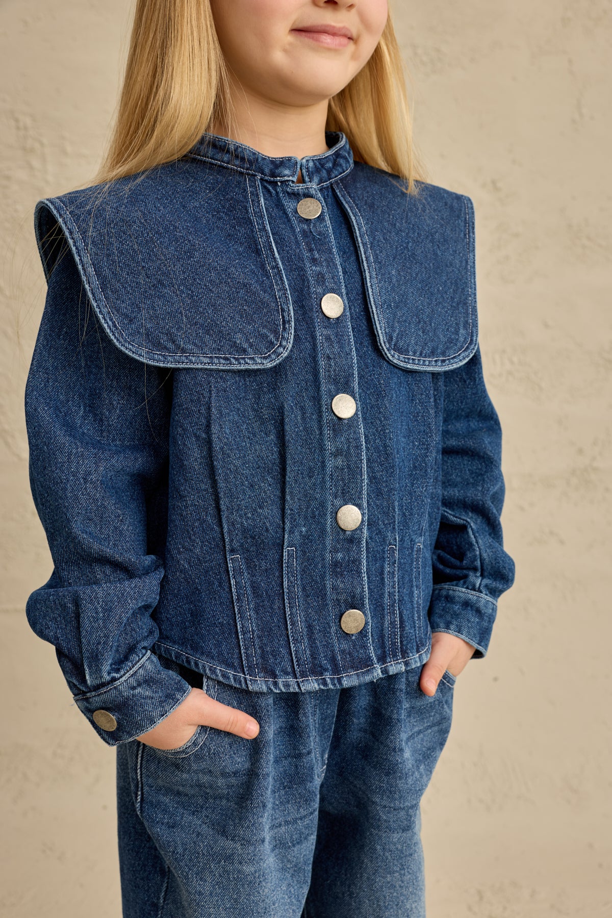 Geniş Yakalı Denim Takım Lacivert