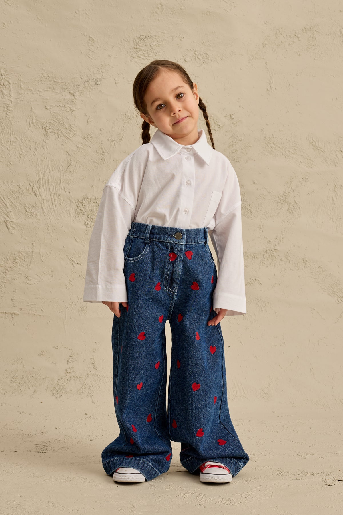 Kalp Nakışlı Straight Denim Pantolon Lacivert