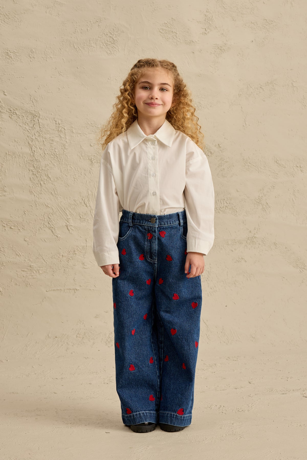 Kalp Nakışlı Straight Denim Pantolon Lacivert