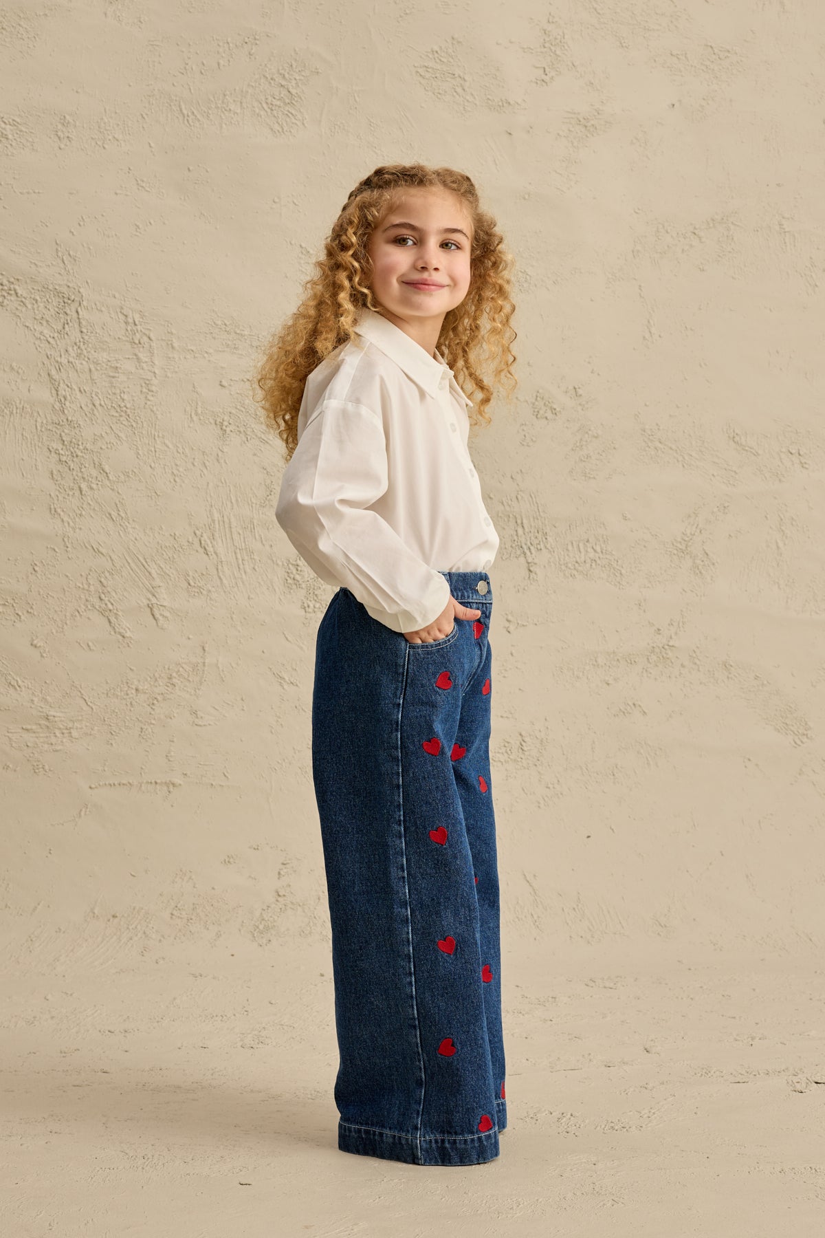 Kalp Nakışlı Straight Denim Pantolon Lacivert