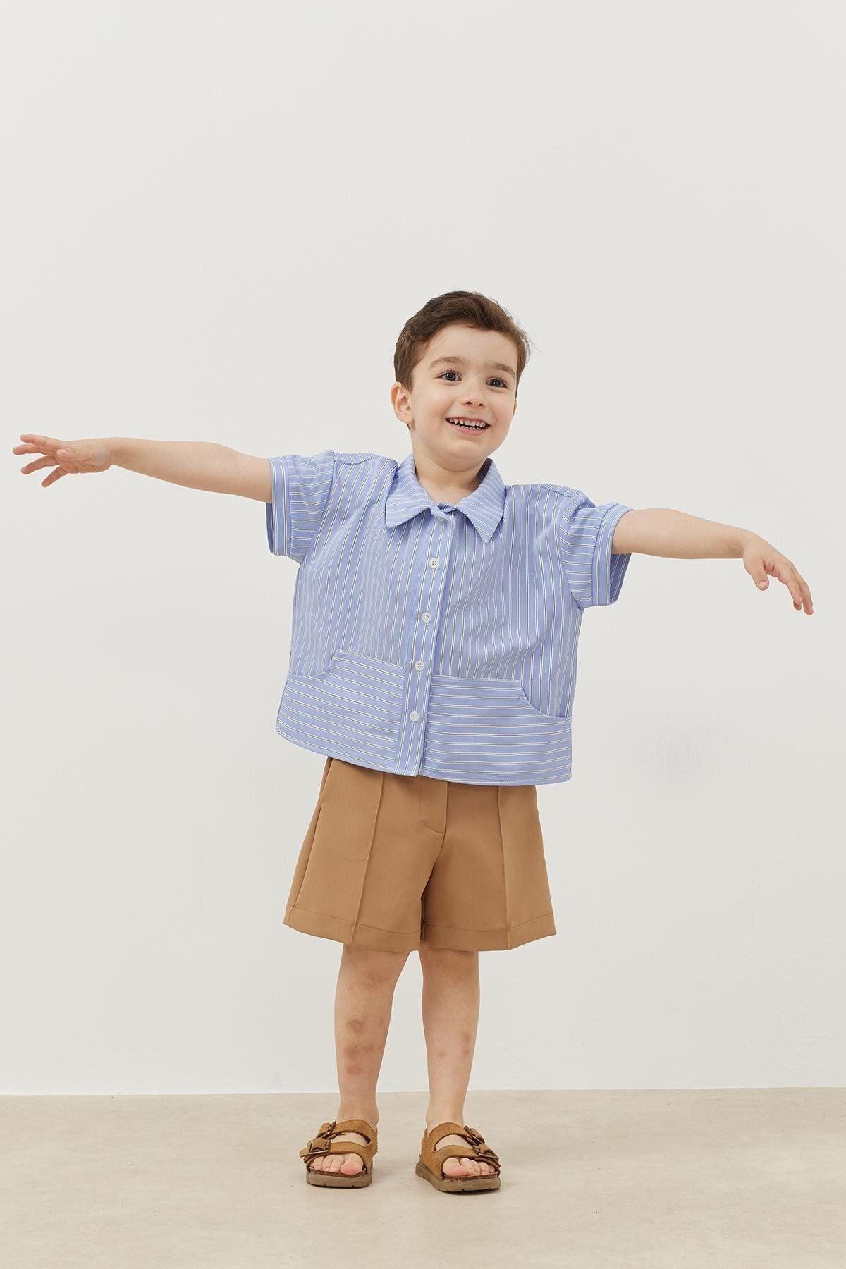 Kanguru Cepli Gömlek Çizgili Mavi
