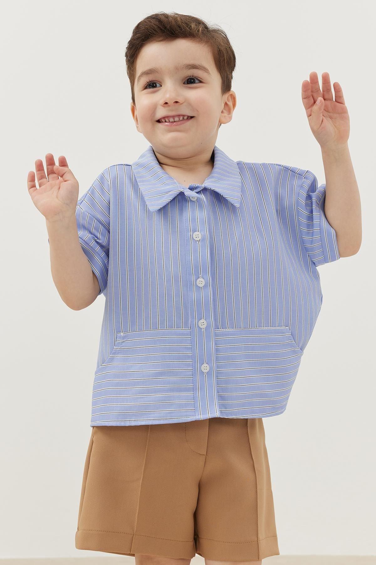 Kanguru Cepli Gömlek Çizgili Mavi