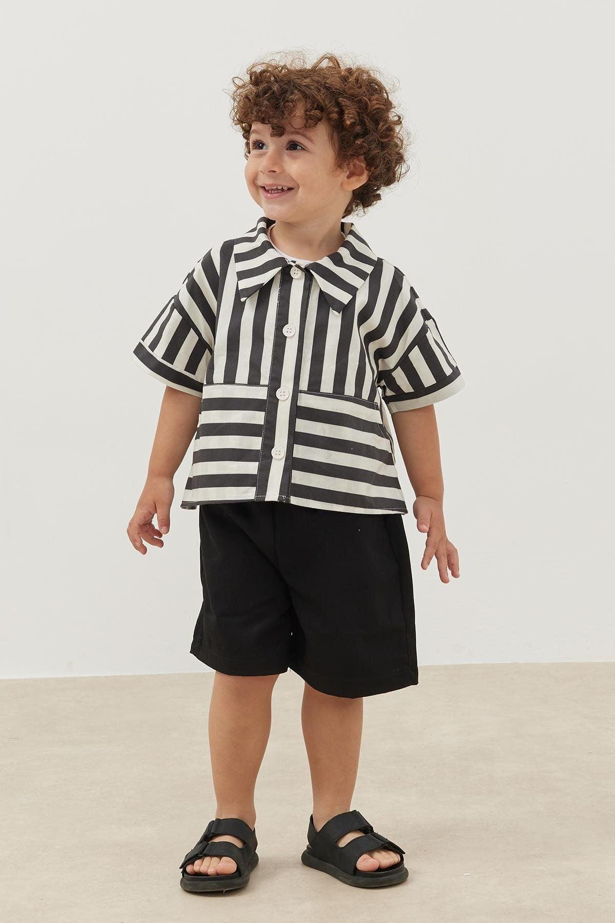 Kanguru Cepli Gömlek Çizgili Siyah