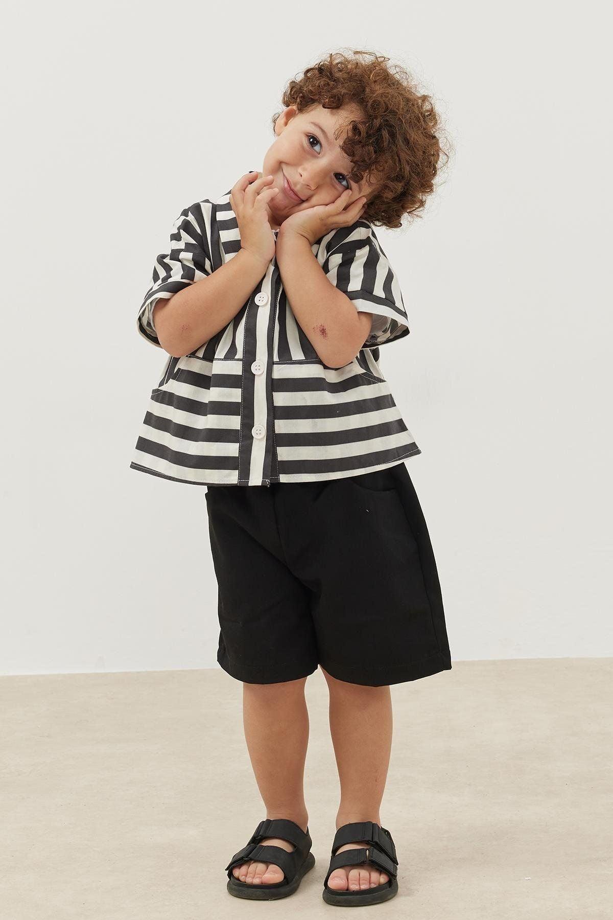 Kanguru Cepli Gömlek Çizgili Siyah