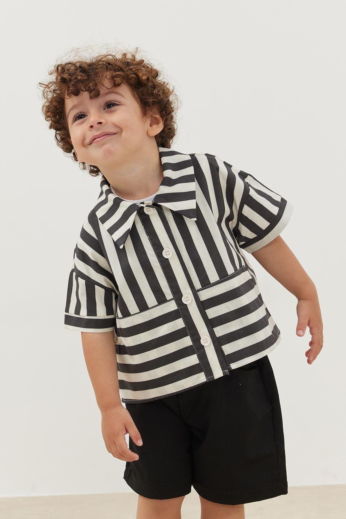 Kanguru Cepli Gömlek Çizgili Siyah