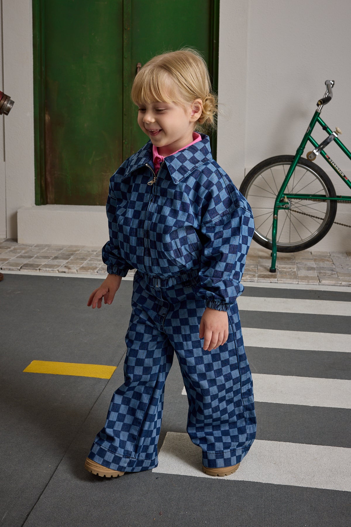 Kareli Bomber Denim Ceket Koyu Mavi