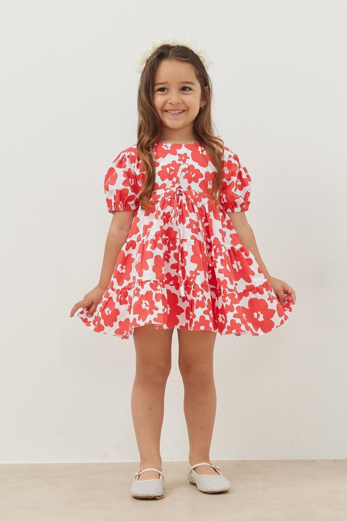 Katlı Elbise Kırmızı Çiçek Desen