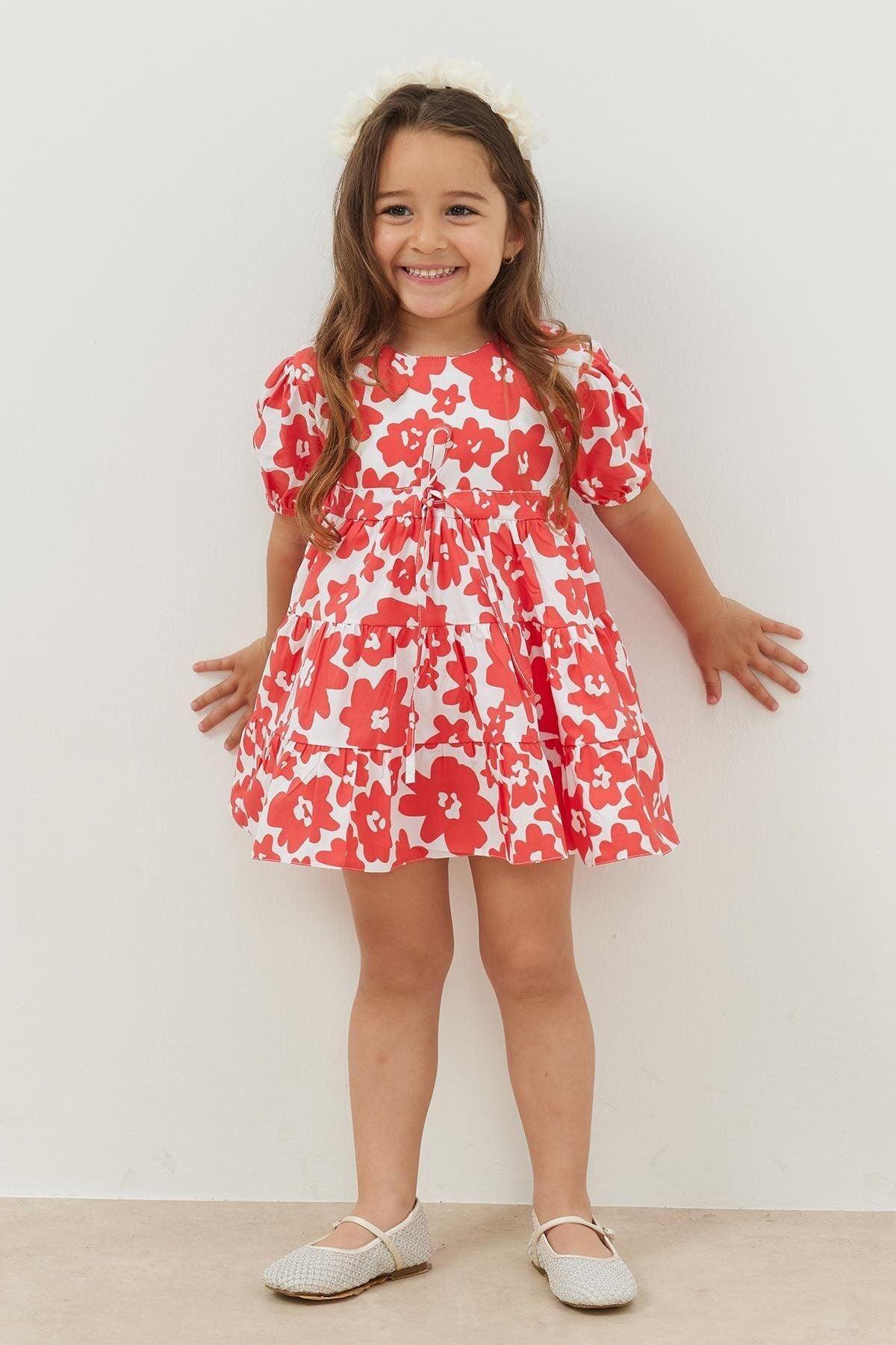 Katlı Elbise Kırmızı Çiçek Desen