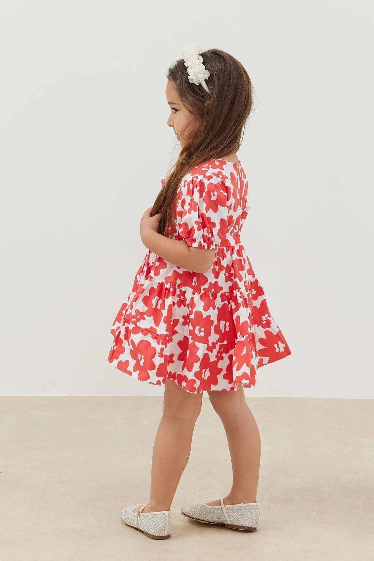 Katlı Elbise Kırmızı Çiçek Desen