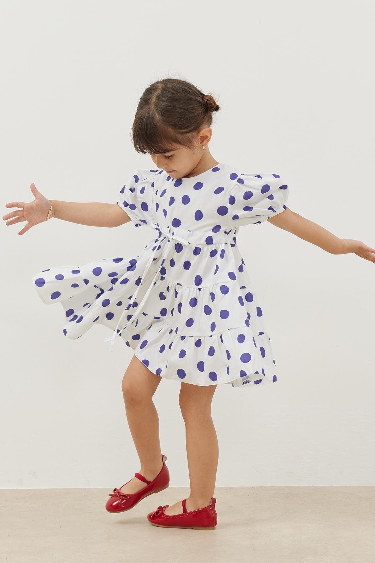 Katlı Elbise Mavi Puantiye