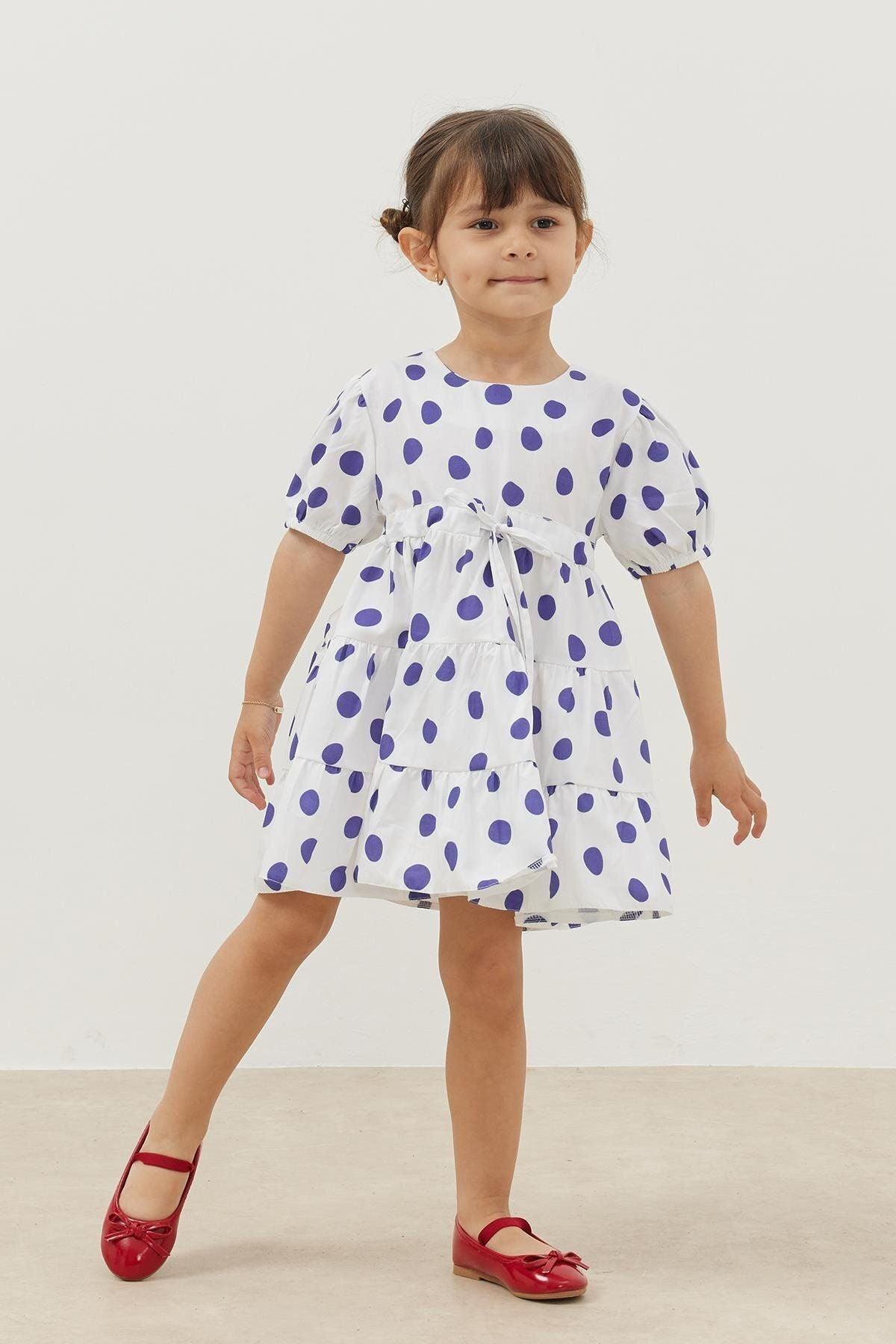 Katlı Elbise Mavi Puantiye