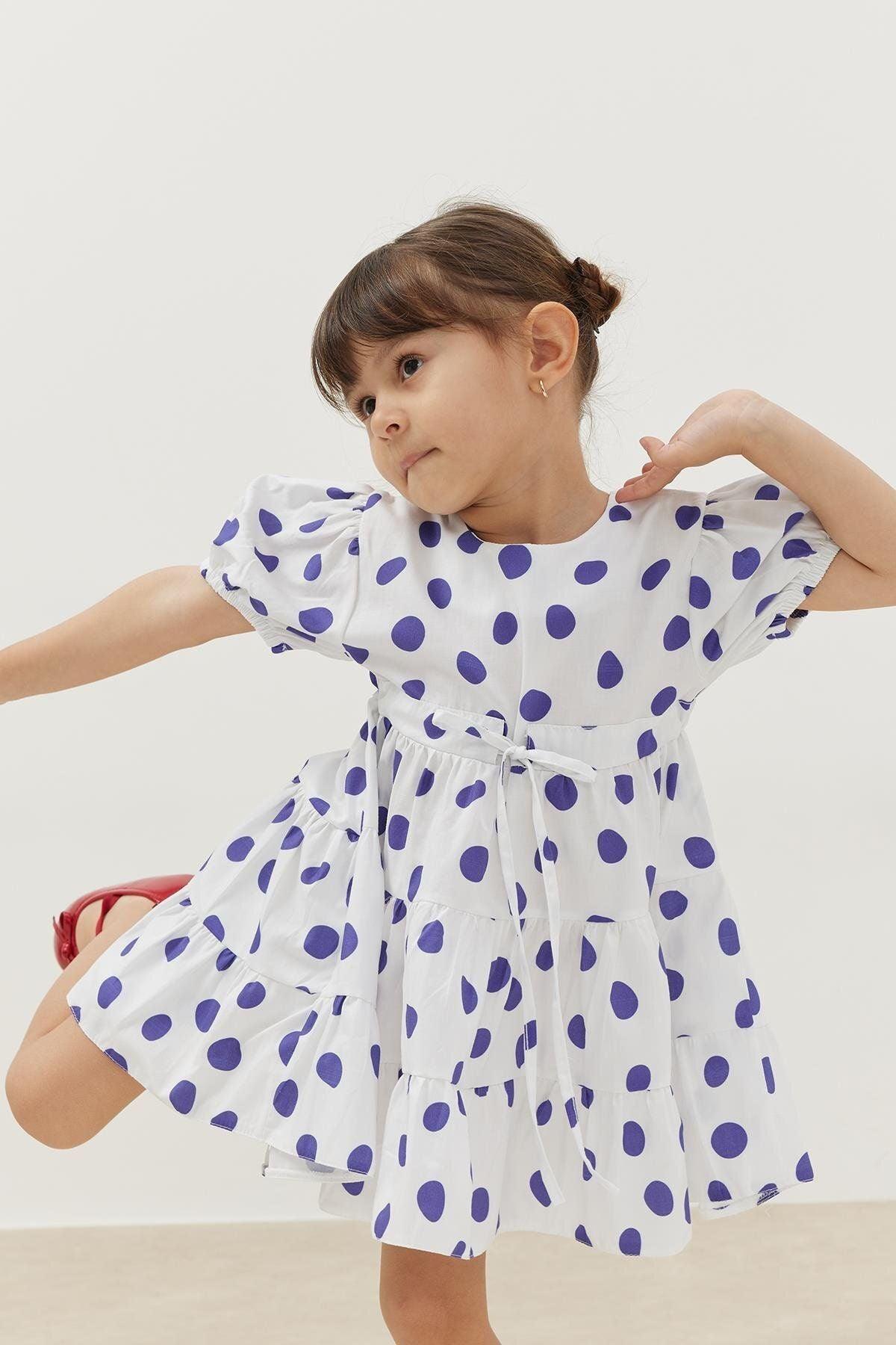 Katlı Elbise Mavi Puantiye