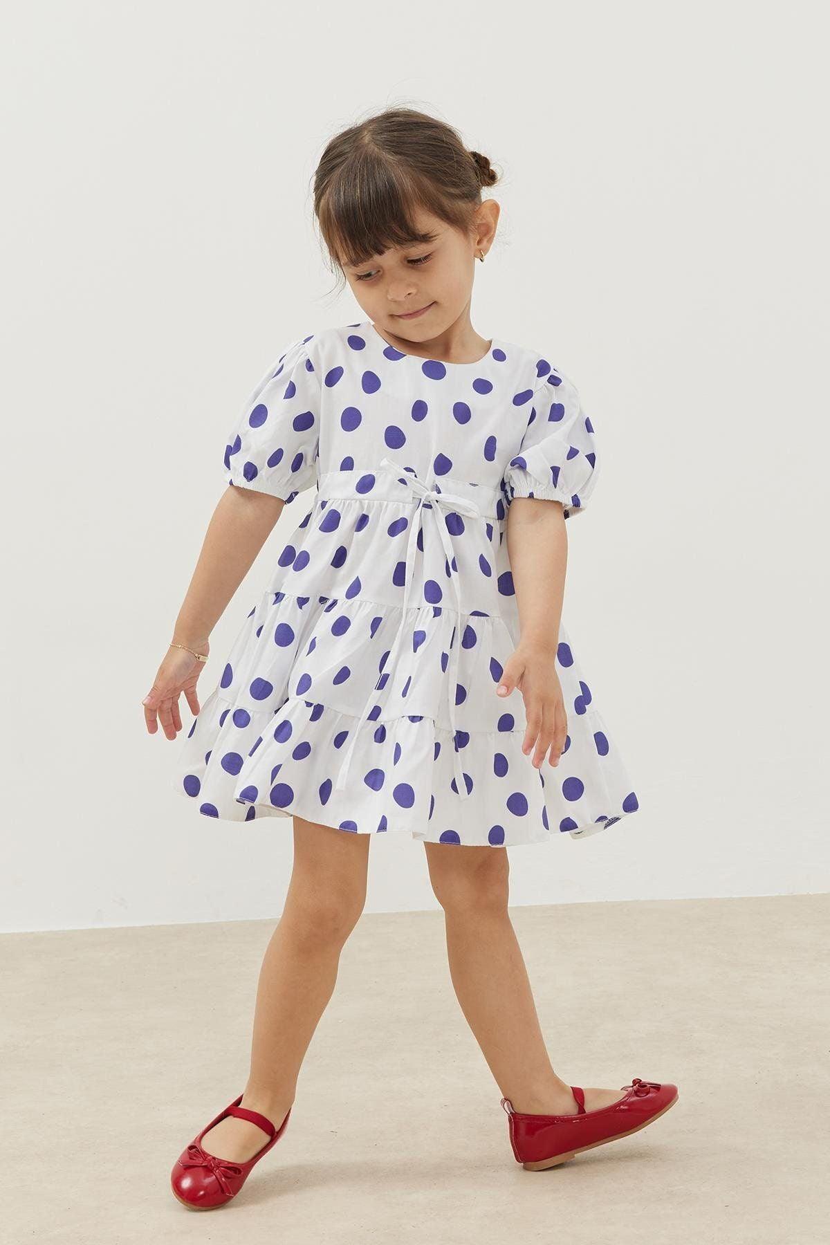 Katlı Elbise Mavi Puantiye